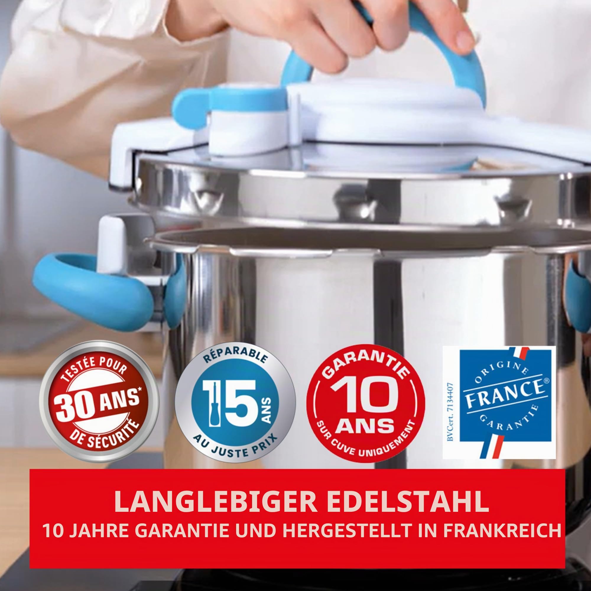 Seb 6 l Pressure Cooker, Induktion, Edelstahl, Pressure Cooker, Klappgriffe, 100 Rezepte, Booklet, Made in France, ClipsoMinut'easy+ Blue P4900716