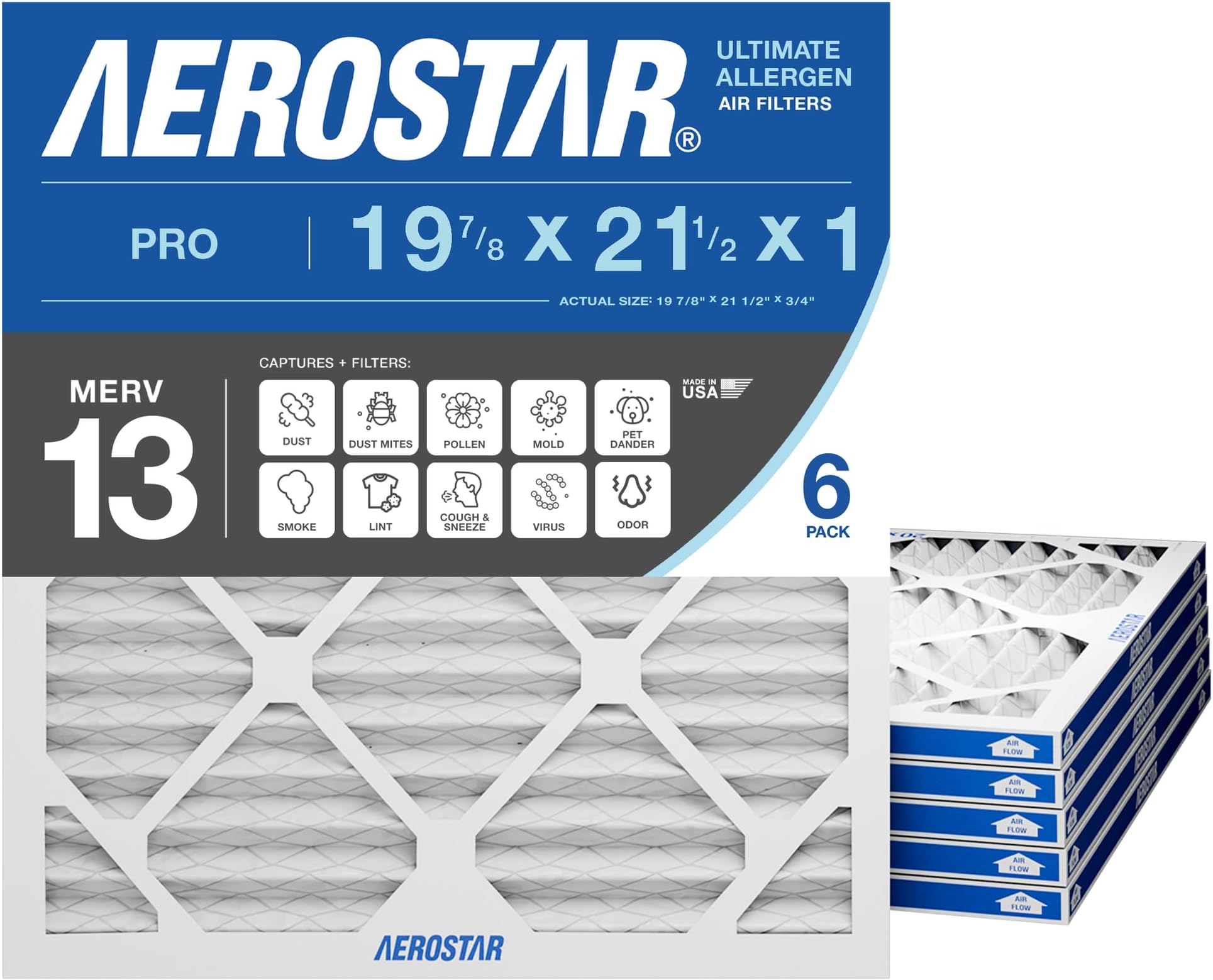 Aerostar 20x20x1 MERV 13 Air Filter, 6 Count, ACTUAL SIZE (19.75 x 19.75 x 0.75), HVAC, Air Conditioning & Furnace Filter for Allergies, Dust, Pet Dander & Smoke (MPR 1500 / FPR 10), Made in USA