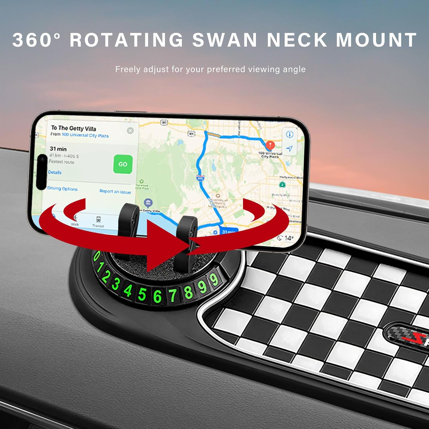 Sun Walker Multifunction Car Anti-Slip Mat, 3-in-1 Dashboard Pad Rotatable Phone Holder with Temporary Parking Number, Large Car Storage Mat Phone Mount for Phones Sunglasses Keys (Black & White)