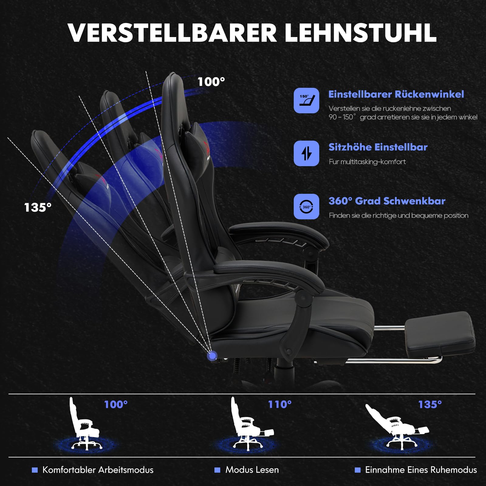 COLAMY Gaming Stuhl, Computer Stuhl mit Fußstütze und Lendenwirbelstütze, höhenverstellbarer Gaming Chair mit 360°-Drehsitz und Kopfstütze, Video Gamer PC Stuhl, Ergonomische hohe Rückenlehne, Schwarz