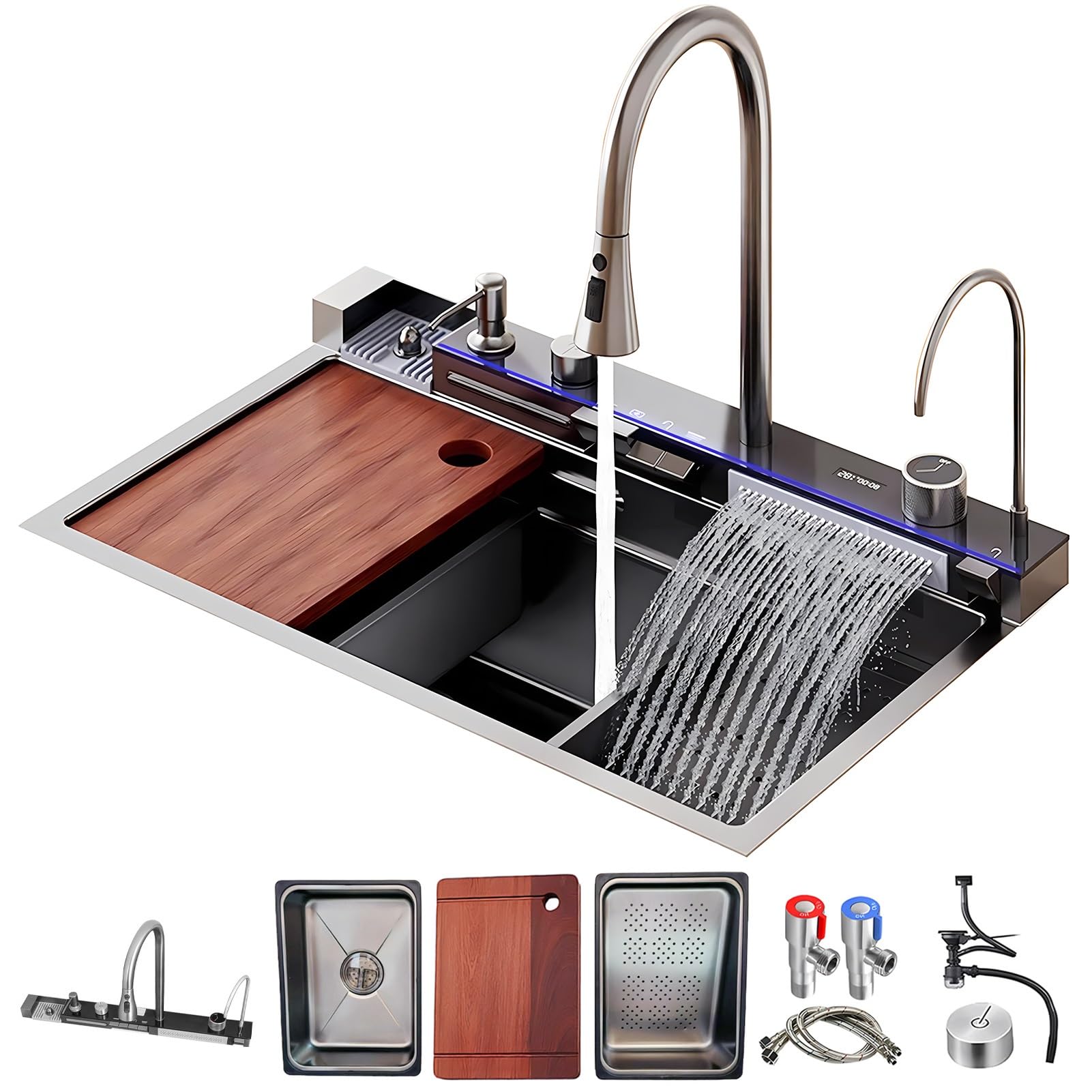 YADZISW Black Stainless Steel Workstation Sink with Waterfall Faucet - Large Capacity Single Bowl Kitchen (75x46x22cm) Temperature Display & Pull-Out Accessories