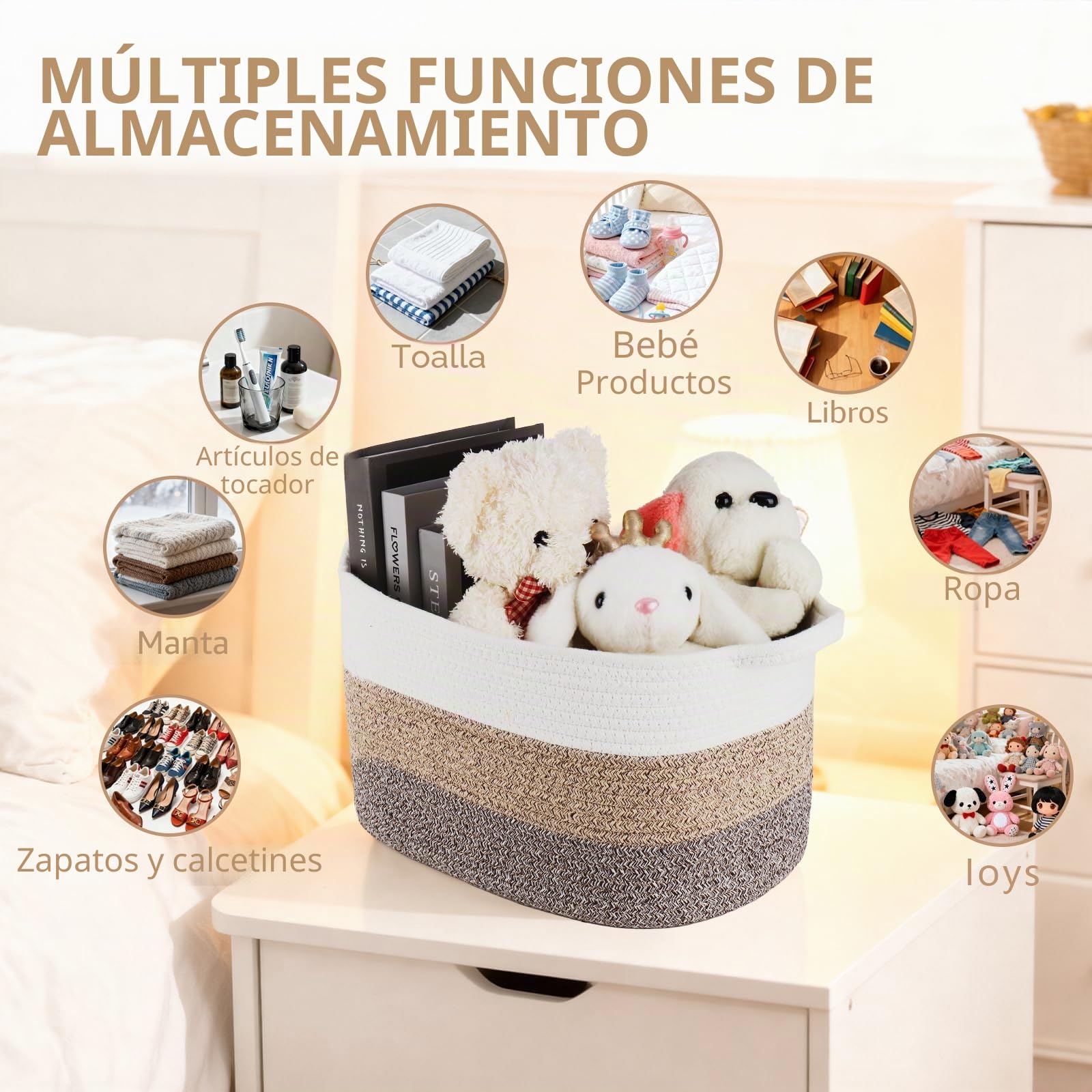 Conjunto de 3 cestas de almacenamiento con correa de algodón (caqui)| Cesta de regalo para bebés, cesta de almacenamiento para juguetes infantiles y cesta de ropa de niños | Cesta de estantería