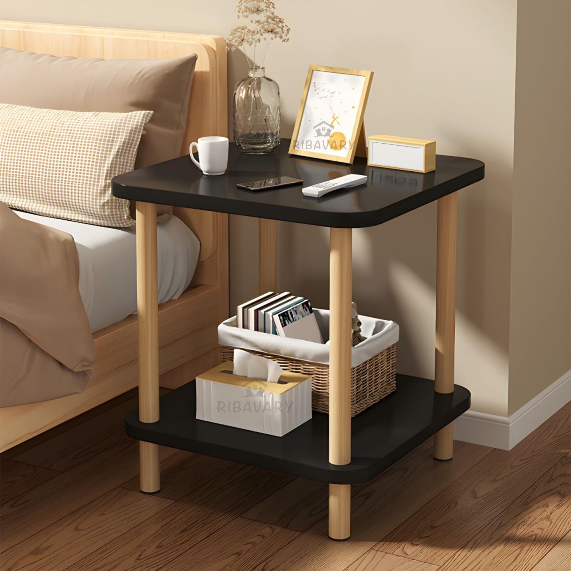 RIBAVARY Wooden 2-Tier Side Table, Tall End Table with Storage Rack ...