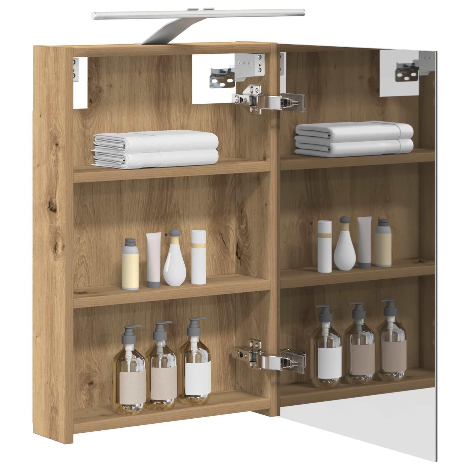 Armario con espejo de baño con estante y puerta en madera de roble artesanal, 40 x 10,5 x 60,5 cm, con tiras LED y espejo de dos vías para muebles de baño, espacio de lavado, espacio de