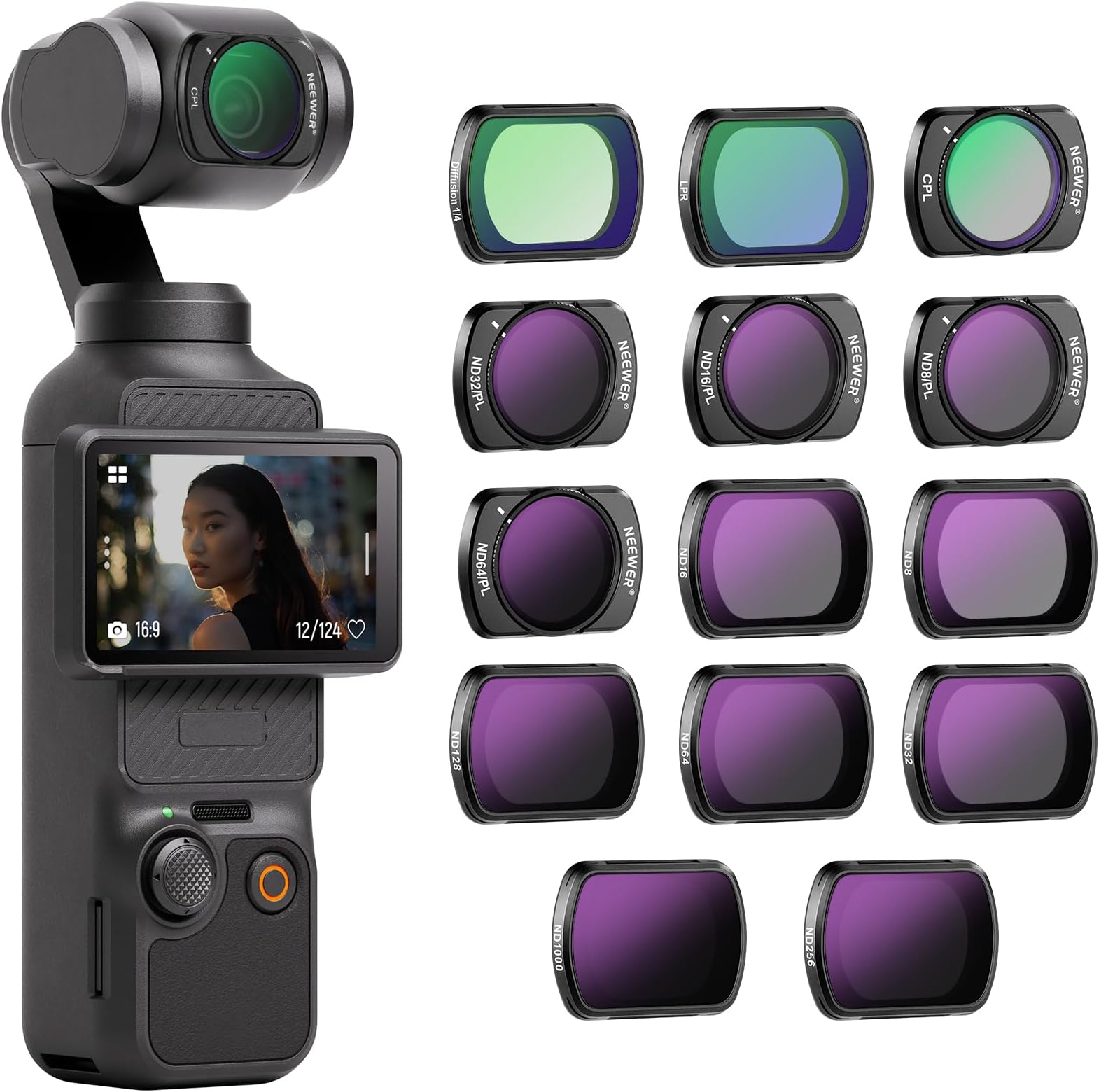 NEEWER Magnetic ND Filter Set Compatible with DJI OSMO Pocket 4 & Pocket 3, 14 Pack CPL ND8/16/32/64/128/256/1000 ND8/PL ND16/PL ND32/PL ND64/PL Light Pollution Reduction, Black Diffusion 1/4