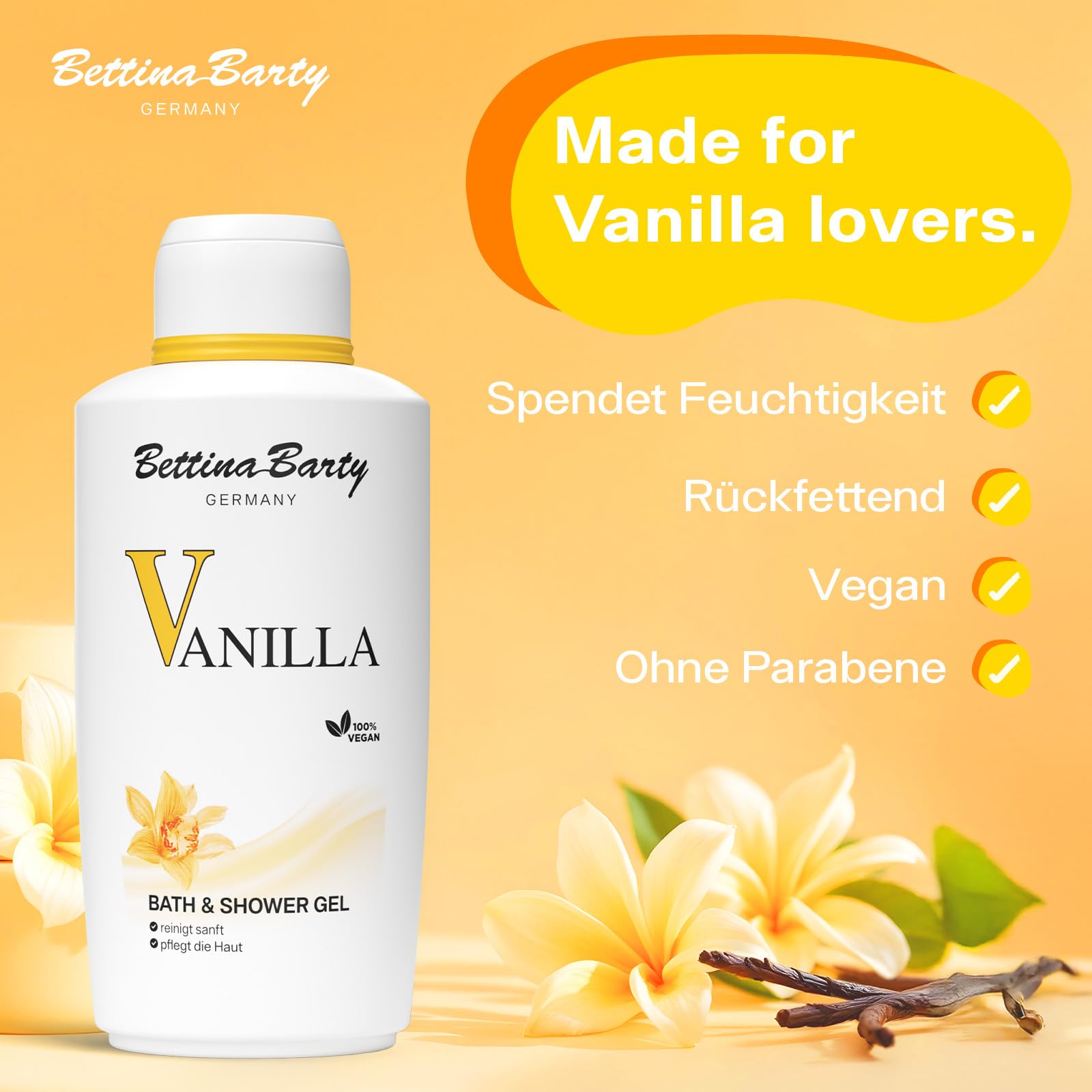 Bettina Barty Vanilla Bath & Shower Gel 12 x 500 ml – Duschgel mit Vanilleduft – Sanfte Reinigung & Feuchtigkeitsspendende Pflege für alle Hauttypen - Geschenk-Idee zu Ostern