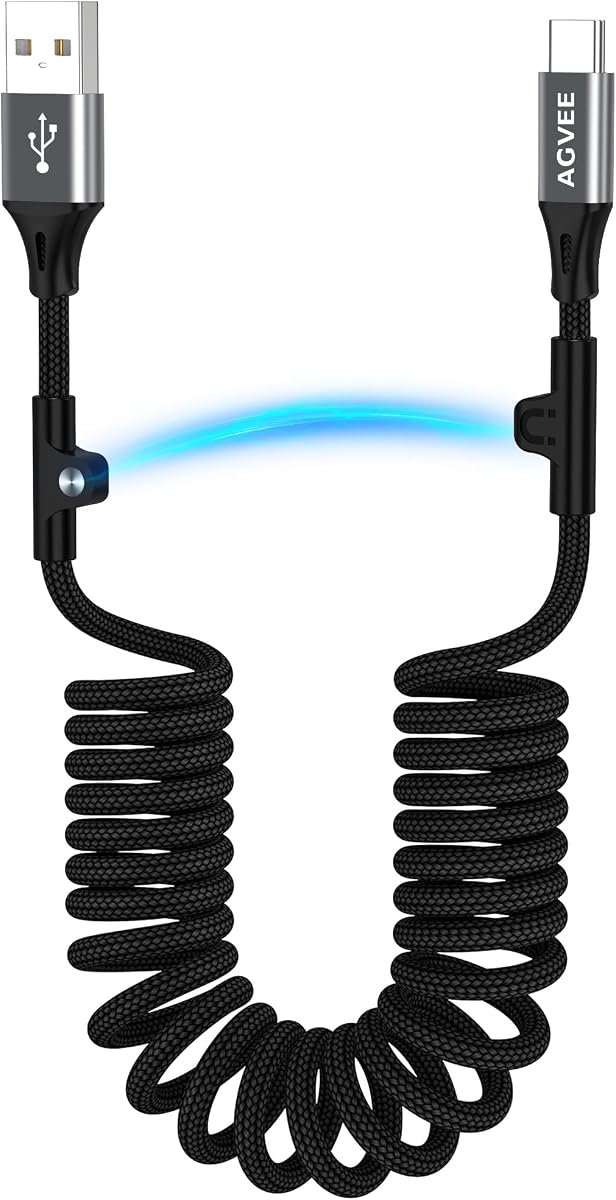 AGVEE 1.5ft Coiled USB-A to USB-C Cable [USB-IF Certified] Carplay | 3A Fast Charger Data Transfer Cord in Car for iPhone 17/16/15, Android Auto, Galaxy S26 S25 S24 S23 S22 S21 S10 S9, Pixel