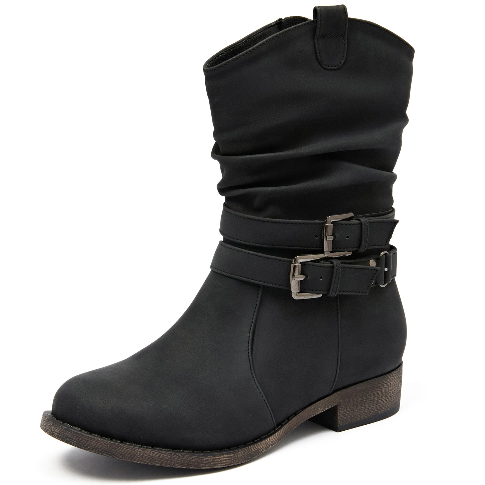 Ataiwee Womens Mid-Calf Cowboy Cowgirl Boots with Low Chunky Heel Side Zipper Motorcycle Style Classic Round Toe Fashion