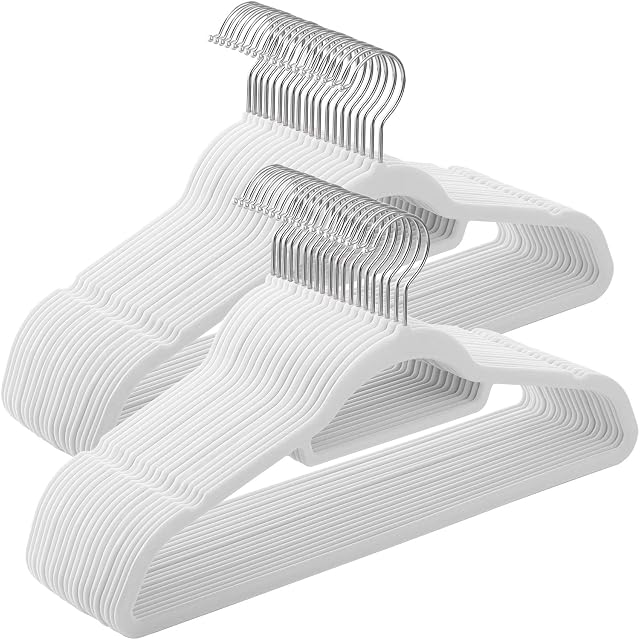 SONGMICS Velvet Hangers, 50 Pack, Non-Slip Clothes Hangers, 0.6 cm Thickness, Space Saving, 360° Swivel Hooks, 43.5 cm Long, for Coat, Jacket, Shirt, Dress, Trousers, White CRF020W02