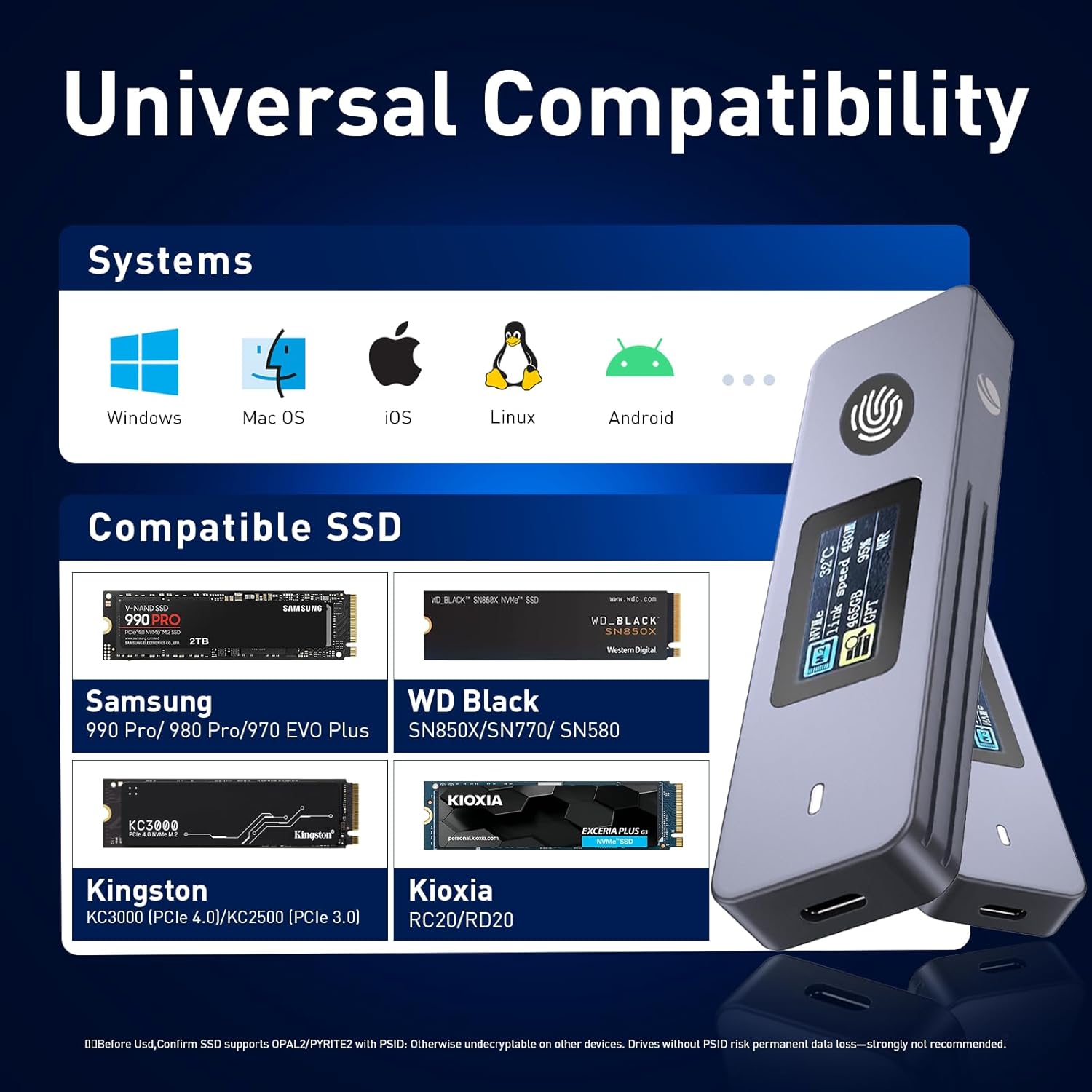 VCOM Fingerprint Encryption SSD Enclosure with LCD Screen, 10Gbps USB 3.2 Gen2 Hard Drive Case, Support M.2 NVMe & SATA SSD, Hardware Encrypted External Drive for Mac and Windows PC
