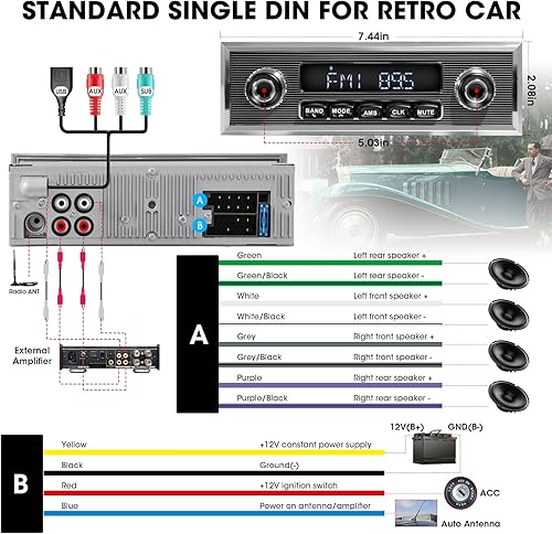 Miniatura 6 de Radio de coche clásica de estilo retro - ABSOSO Bluetooth Single Din Vintage Stereo - AM FM Tuner USB AUX entrada 4.1 CHN salida de subwoofer