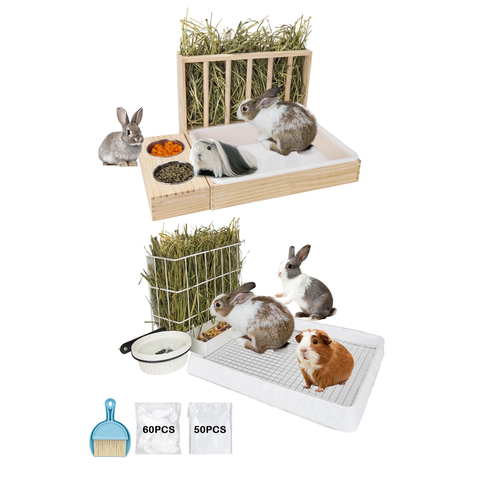 3 in 1 Rabbit Hay Feeder with Litter Box & Bowls & Cage Liner Bags & Broom Set