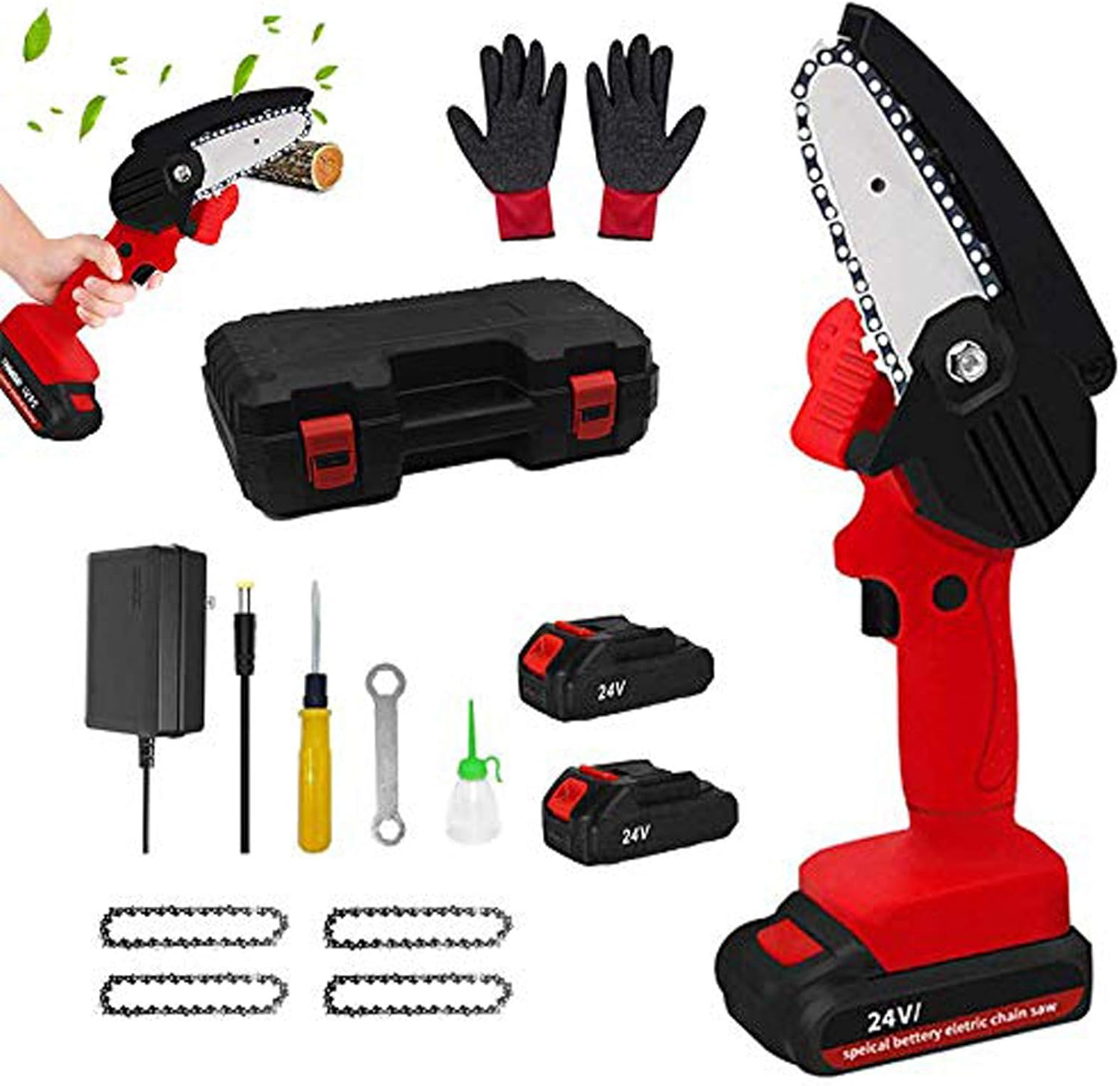 H-BEI Mini Juego de Motosierra Motosierra eléctrica portátil inalámbrica con 4 Cadenas y Tabla de Salpicaduras para Corte de Madera de Rama de árbol de jardín