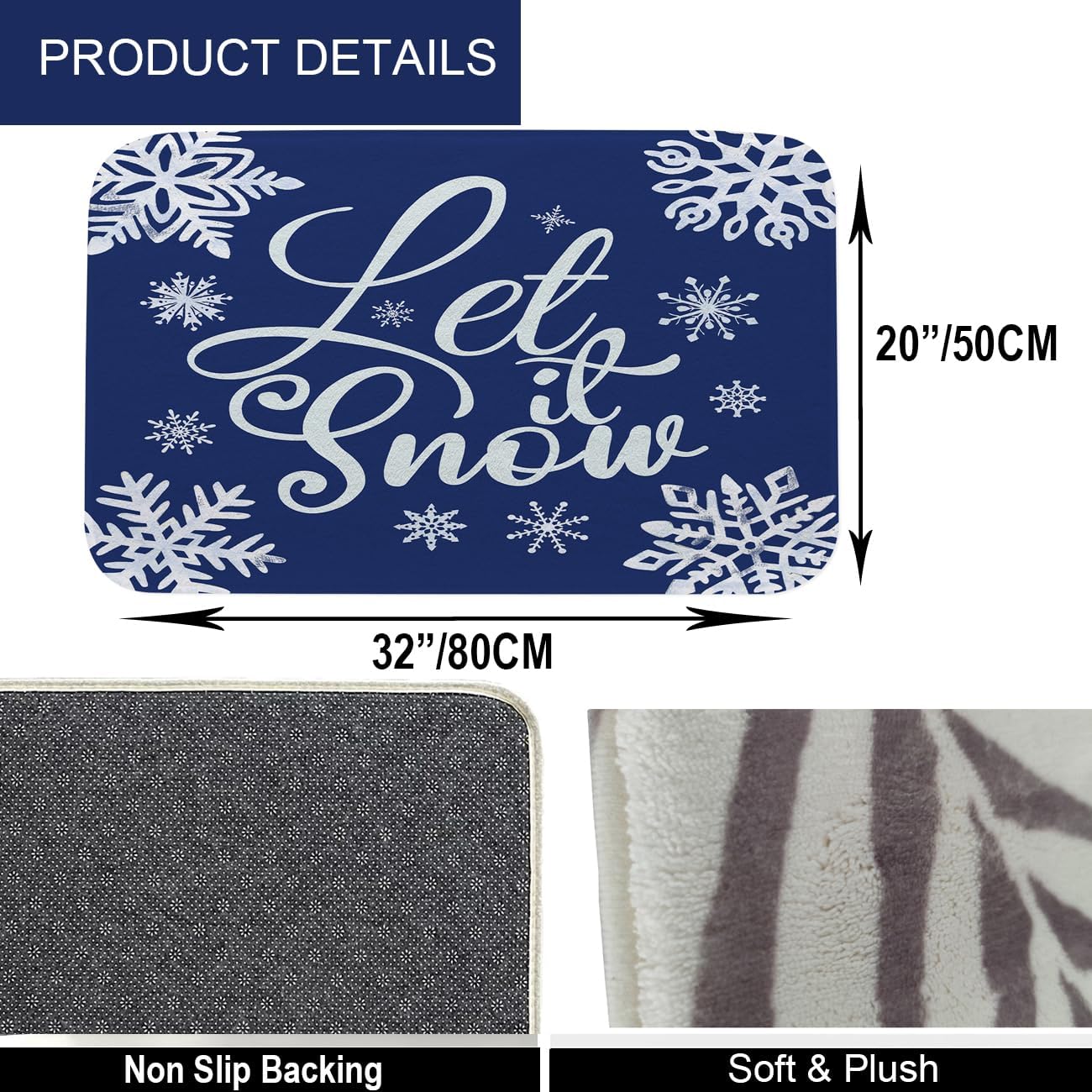 Fukeen Let it Snow Winter Bathroom Rugs White Blue Snowflake Bath Mat Non-Slip 20x32 Inch Bath Rug Soft Christmas Quotes Plush Floor Mats Winter Holiday Decor for Bathroom Tub Shower Kitchen