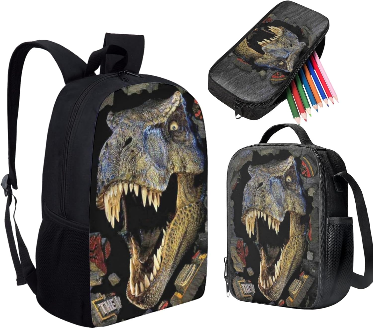 HUGS IDEA 3 Pcs School Bag Set with Thermal Insulated Lunch Tote Purse Pencil Case