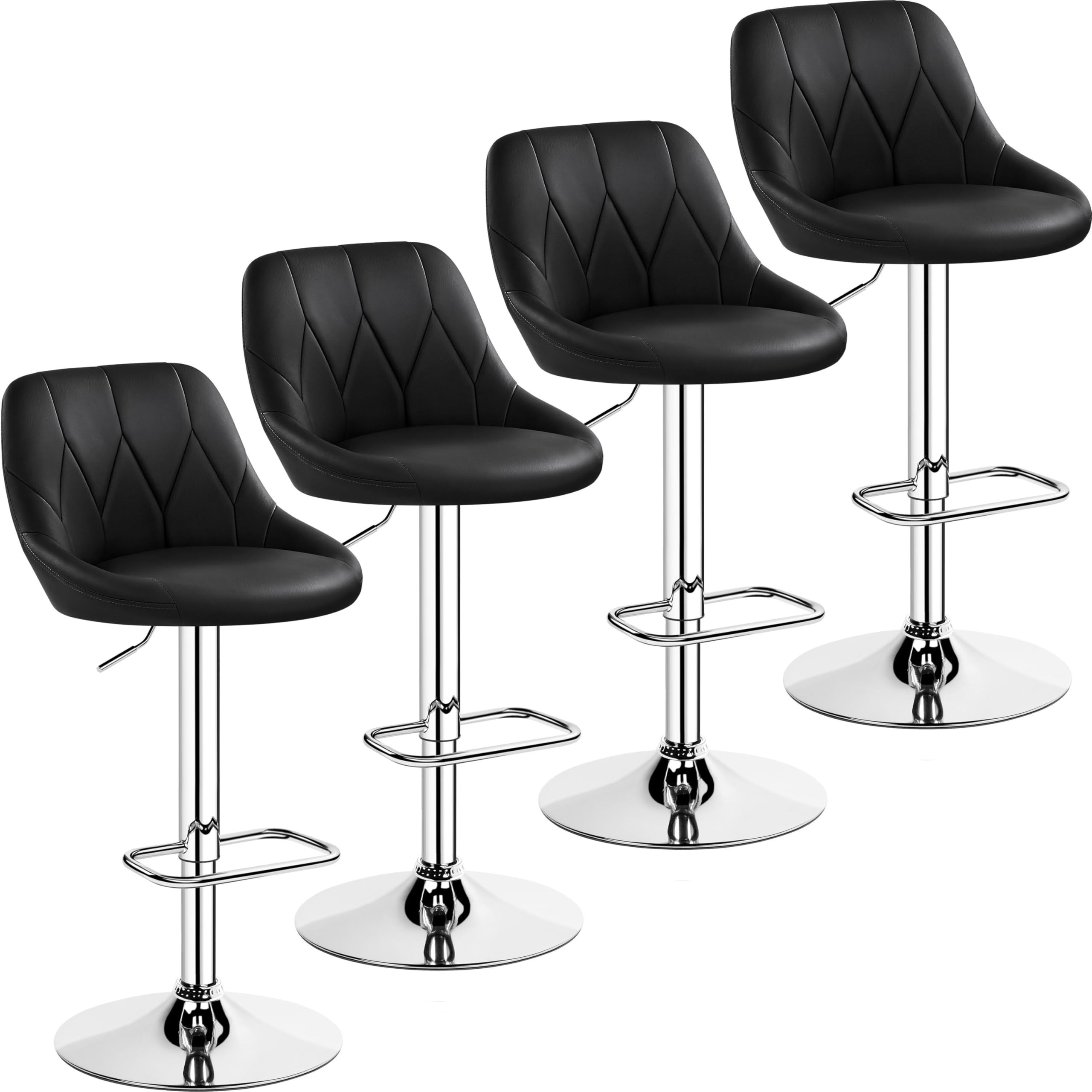 Yaheetech Modern Bar Stools Set of 4, Height Adjustable Swivel Chair with Backrest Chrome Footrest for Breakfast Counter Home Kitchen, Black