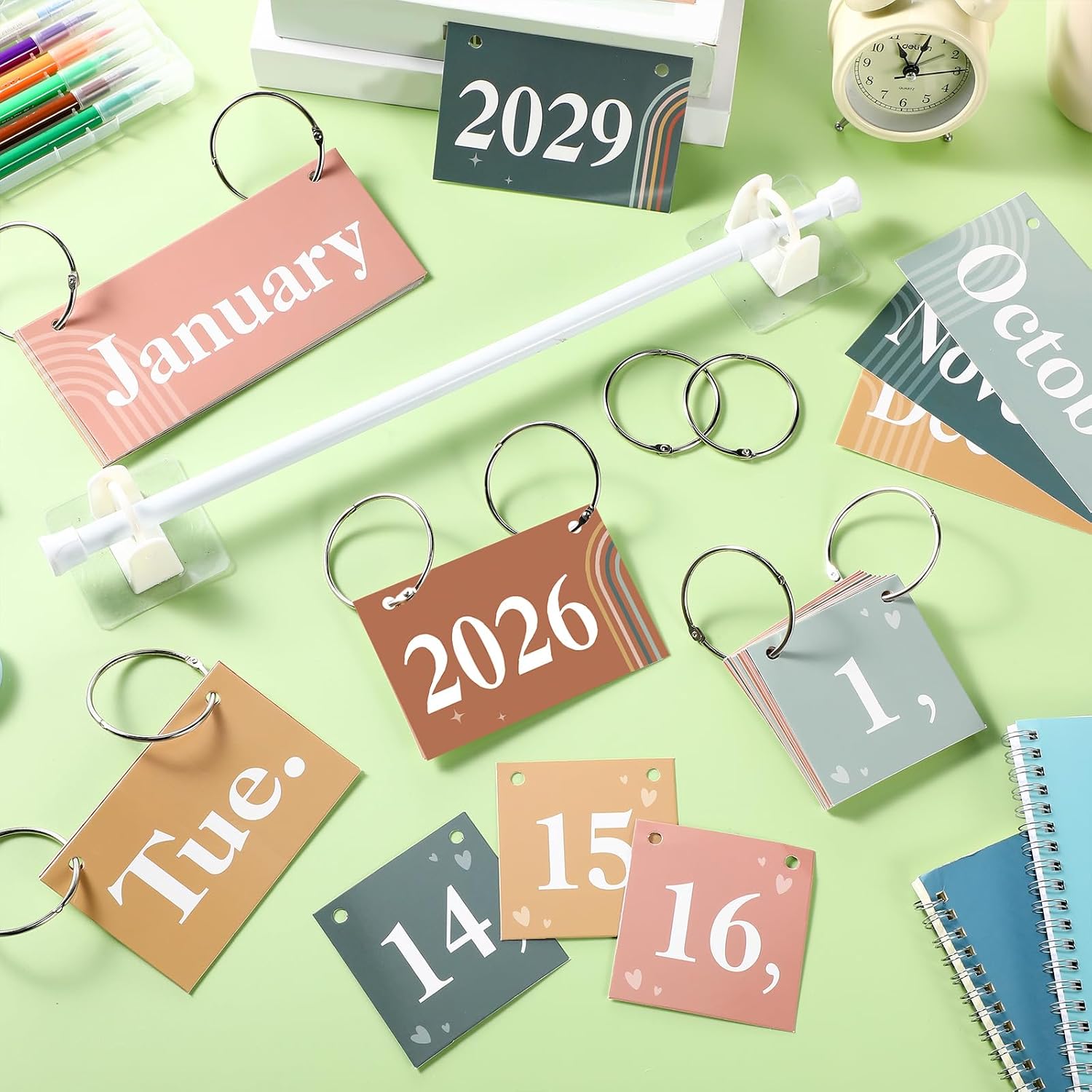 Containlol 56 Pcs Modern Boho Calendar Set Rainbow Flip Calendar with Holder Boho Classroom Decoration Cards Adjustable Rod Holder for Back to School Supplies image 5