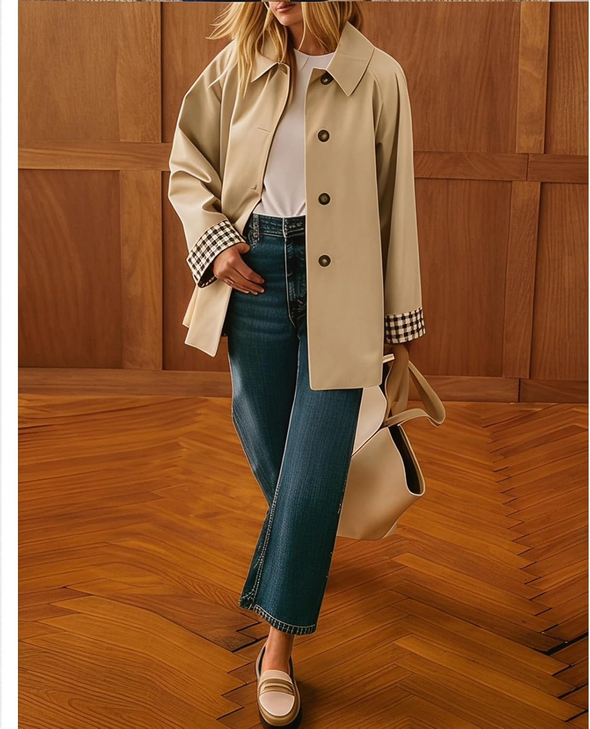 Womens Trench Coat Button Up Jacket Plaid Lined Lapel Coats | Plaid Lining, Button Down, 2 Pockets, Roll Up Sleeve, Relaxed Fit, Lightweight, Windbreak, Casual Trench Coats Outerwear