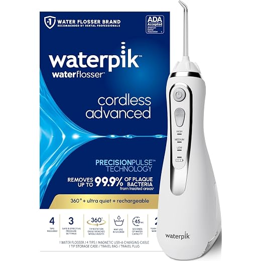 Waterpik Cordless Advanced Water Flosser For Teeth, Gums, Braces, Dental Care With Travel Bag and 4 Tips, ADA Accepted, Rechargeable, Portable, and Waterproof, White WP-560