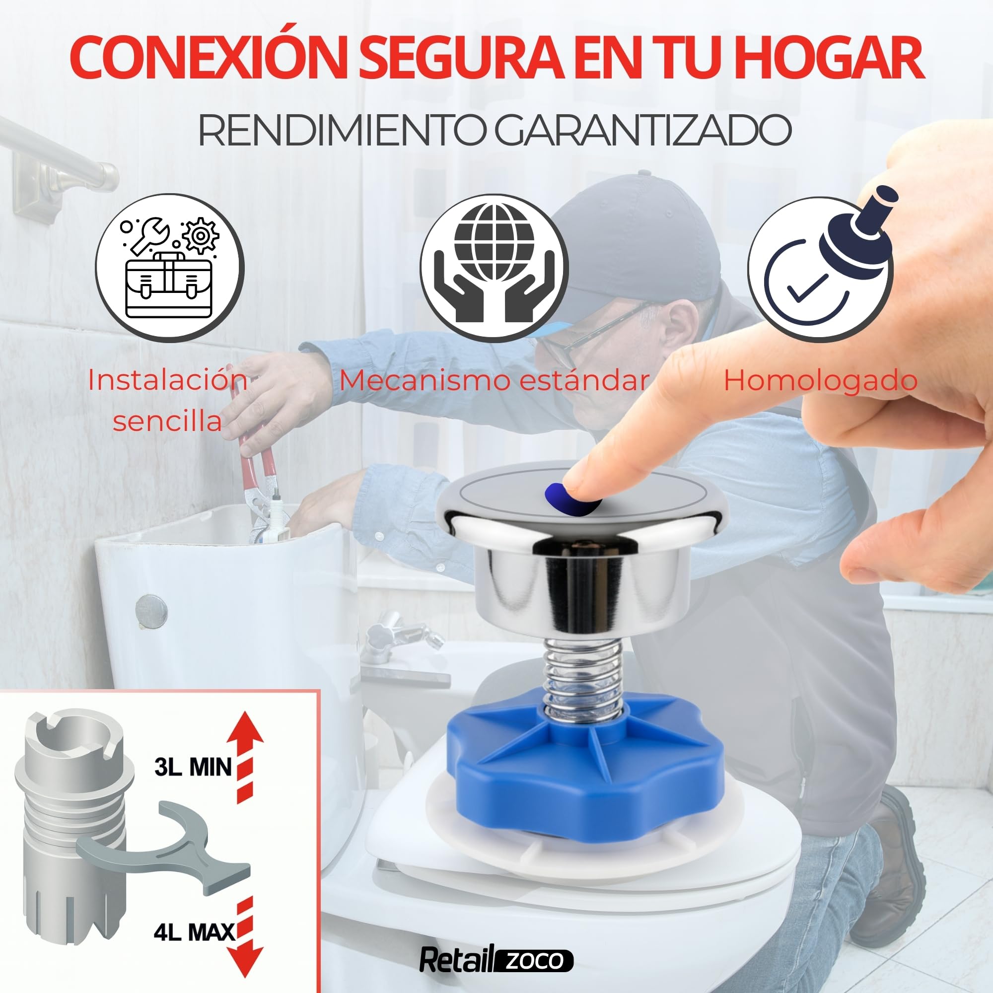 Mecanismo de doble descarga para WC, Válvula Descarga Inodoro, Descargador WC universal, Apto para cualquier tipo de cisterna estándar con doble pulsador 3/6 L de descarga para ahorrar agua - imagen 3