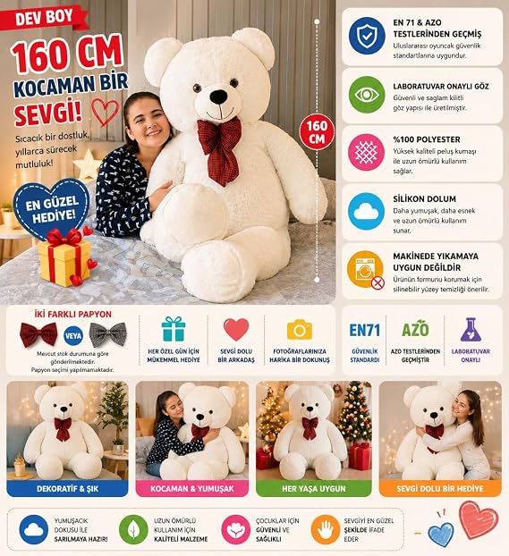Özgüner Toy 160 cm Giant Plush Bear, Bow Tie and Hug, Soft and Cute Large Size, Gift for Lover (Cream)