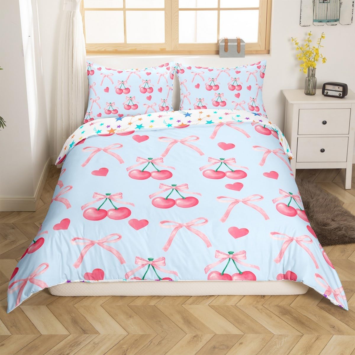 jejeloiu Cherry Bow Duvet Cover Cute Bowknot Bedding Set for Kids Boys Girls Ribbon Bow Cherry Comforter Cover Pink Blue Bedspread Cover Bedroom Collection 2Pcs Toddler Size,No Comforter