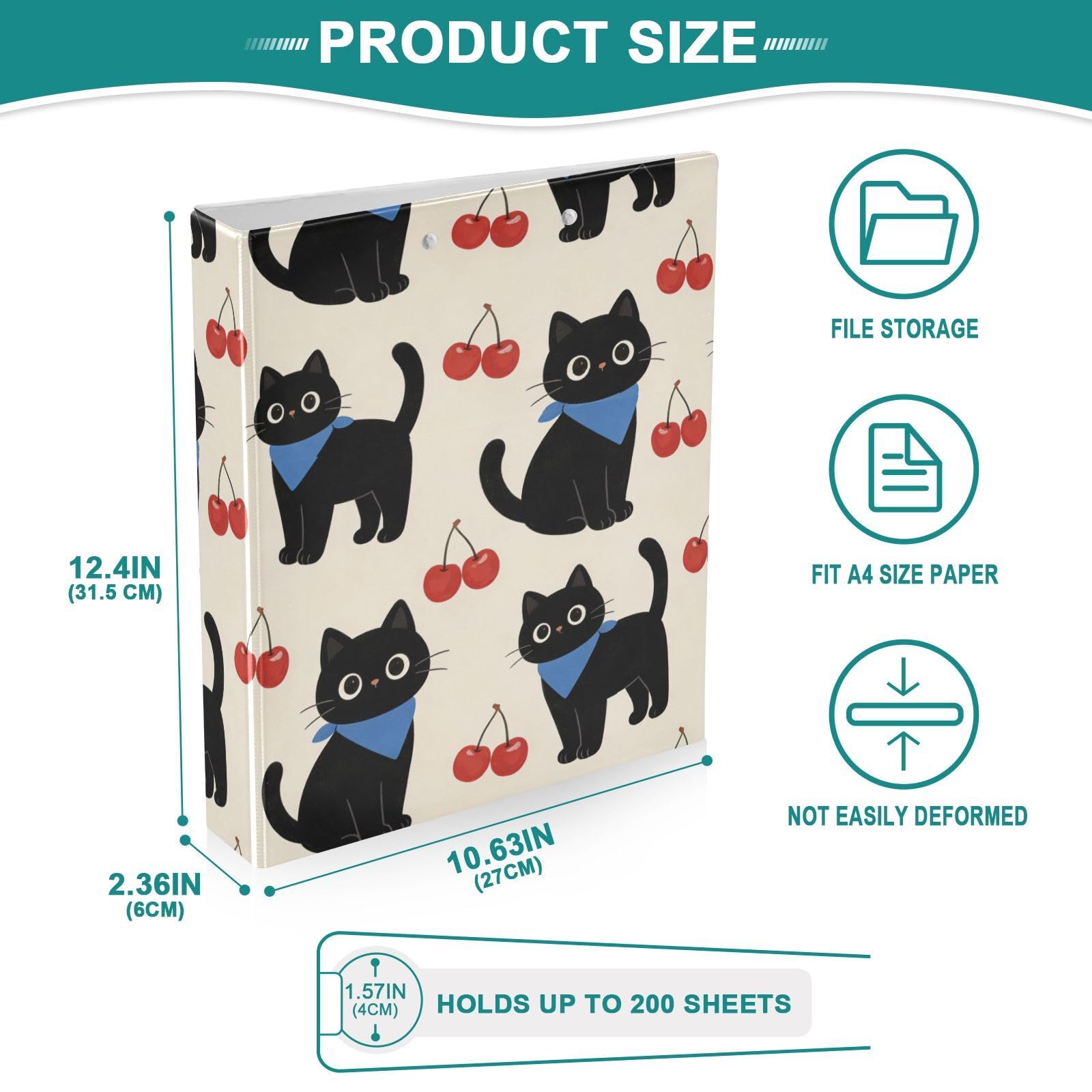 Cherry Cute Cat 3-pierścieniowy segregator 3.5 cm z kieszonkami PCW mieści 200 arkuszy na przybory szkolne i biurowe