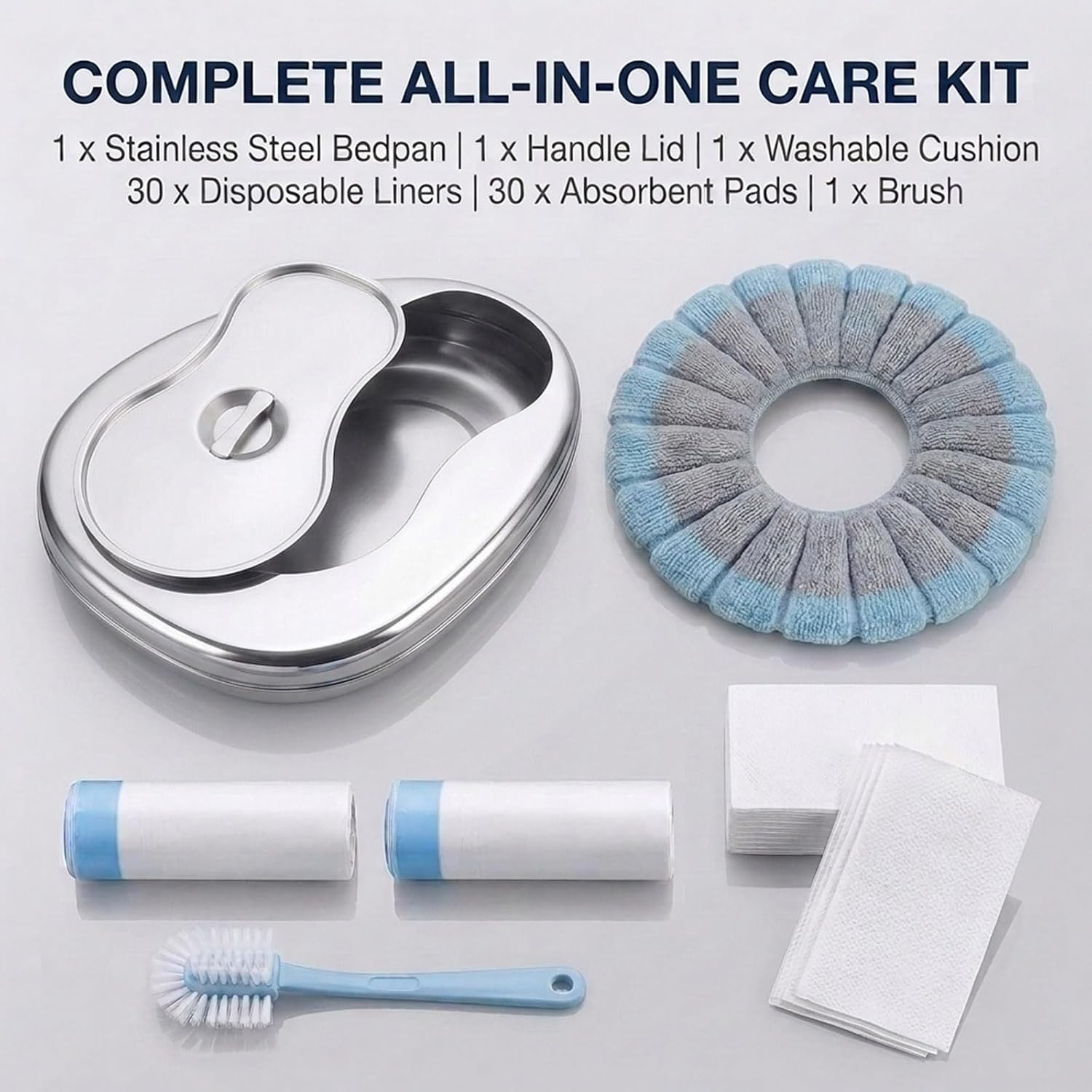 Bed Pan with Soft Cushion, 30 Disposable Liners and Super Absorbent Pads | Stainless Steel Bedpan with Lid for Bedridden Patients, Metal Bed Pans for Elderly Men and Women, Bedpans Set for Home Use