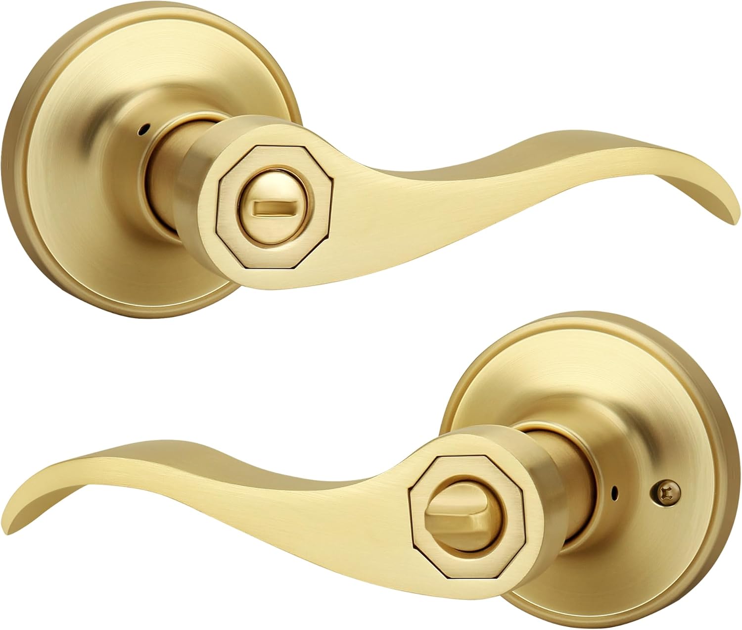 Brushed Gold Wave Style Privacy Door Handle with Privacy Lock, Keyless Door Lever for Bathroom/Bedroom in Satin Brass Finish, No Key Reversible Lever for Left/Right Doors