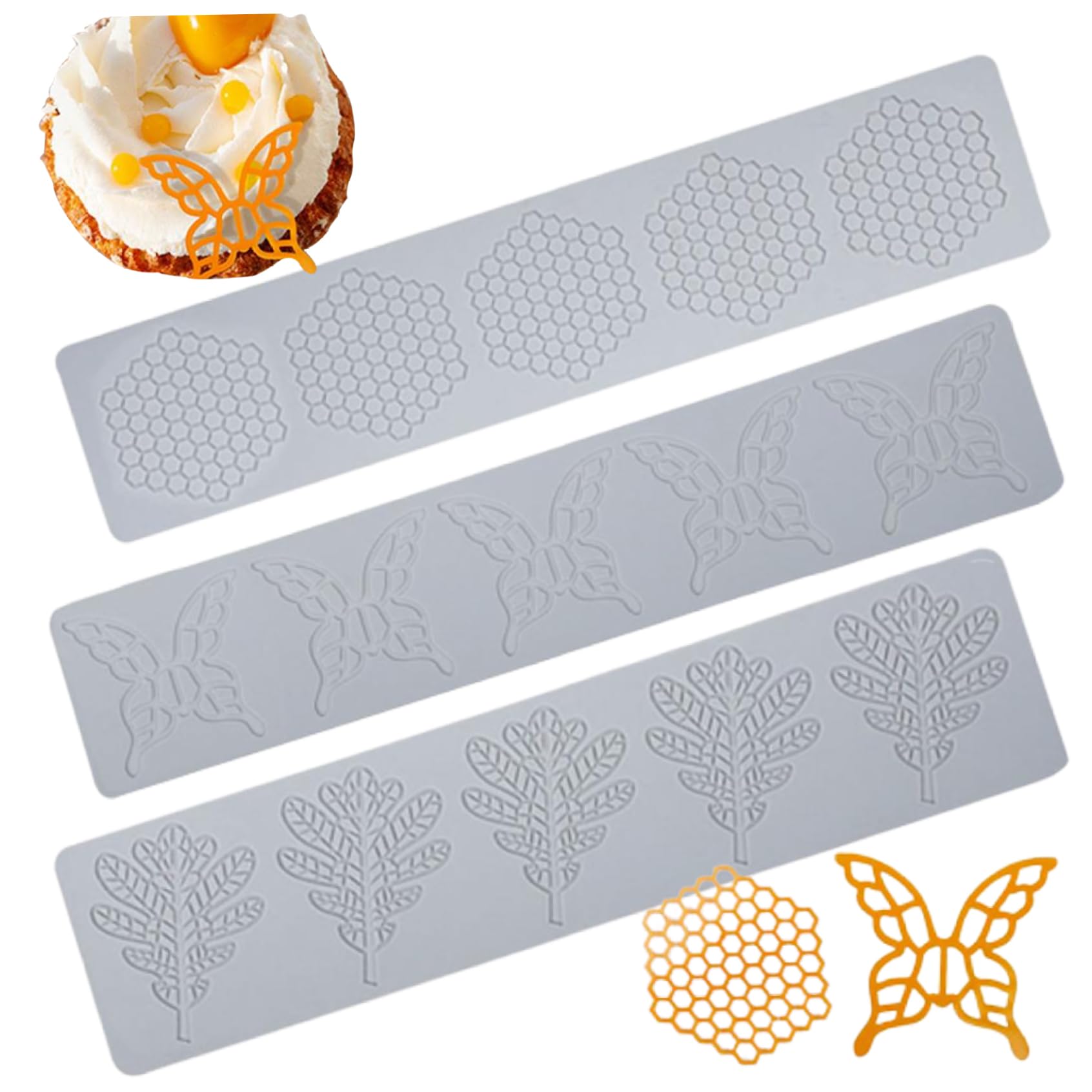 CNAFGBGG Tuile Mould Cake Fondant Mould 3Pcs Honeycomb Leaf and Butterfly Embossing Mat Reusable Lace Silicone Moulds for Cake Decorating..