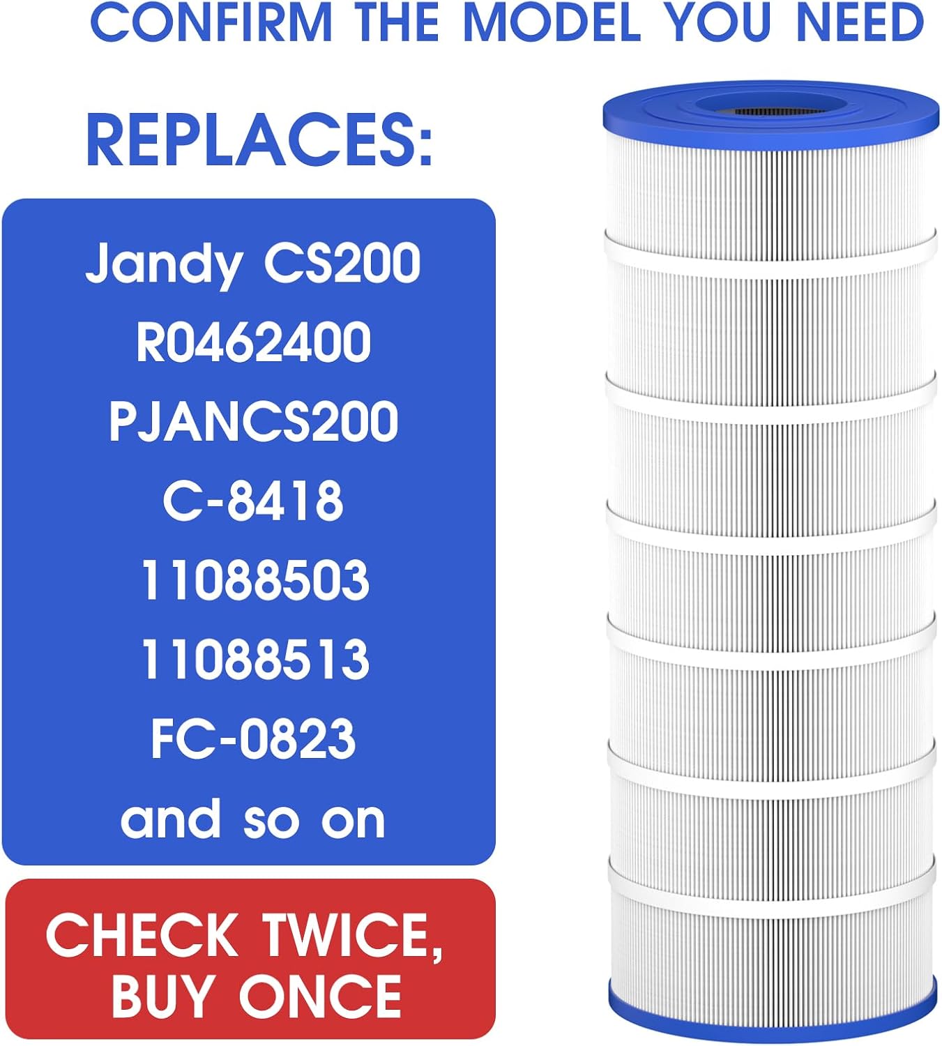 TidyMister Advanced Pool Filter Cartridge TM-8418 Compatible with Jandy CS200, R0462400, PJANCS200, C-8418, 11088503, 11088513, FC-0823,L x OD: 33-1/8" × 8-15/16",200 Sq. Ft,2 Pack