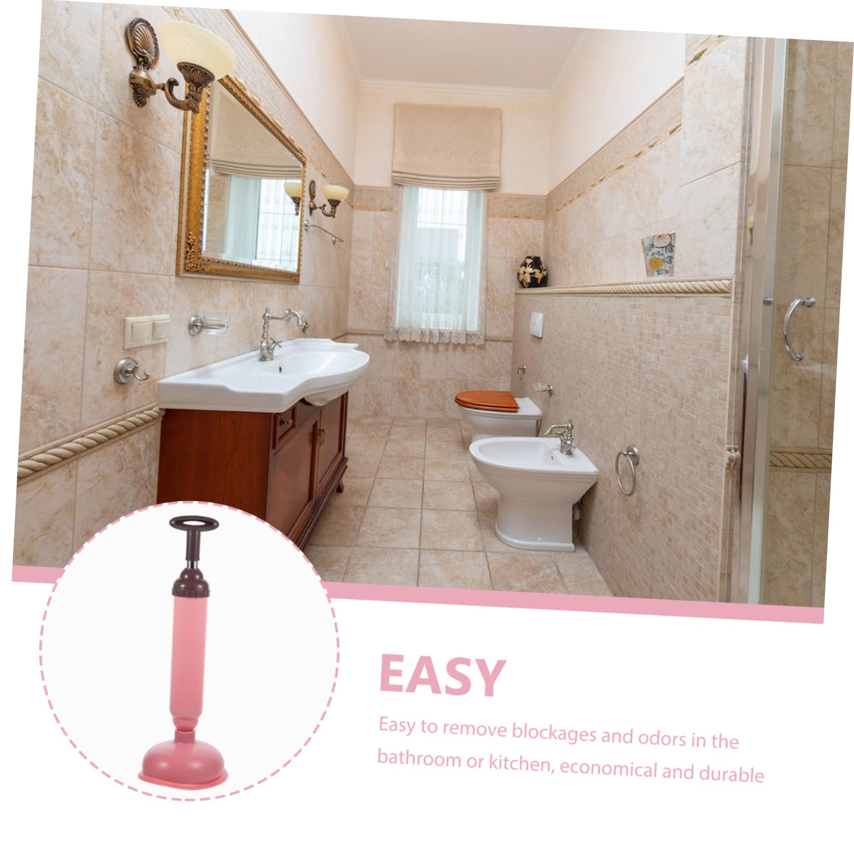Desatascador de Inodoro Ventosa de Succión Fuerte, PVC y Acero Inoxidable, para Cocina y Hogar, Quita Obstrucciones Fácil Limpieza | Color Rosa, Fácil de Limpiar, para Hotel y Hogar, Herramienta Manual para Desatascar Obstrucciones