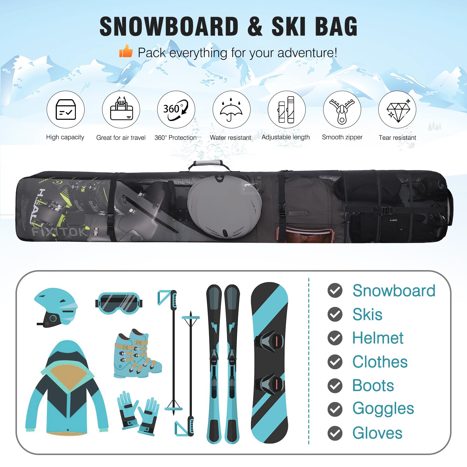 FIXITOK Snowboard & Skitasche für die Luftfahrt, wasserdichte Vollgepolsterte Snowboardtasche für Board, Stiefel, Kleidung, Helm und Ausrüstung, Verstellbare Länge Skitasche (157 cm - 181 cm)