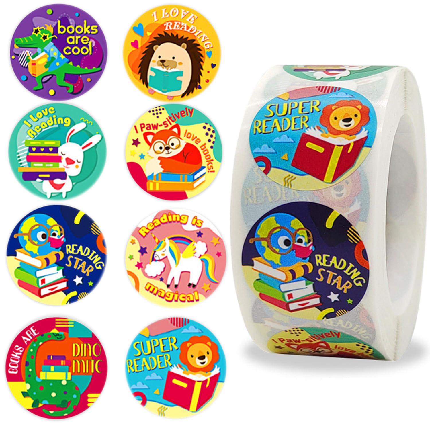 Belohnungsaufkleber für Tiere, motivierende Leseaufkleber für Kinder, 3,8 cm, rund, 500 Stück, Rolle, Cartoon-Aufkleber, 8 Designs, Tier-Lese-Etiketten für Schule, Lehrer, Studenten, Buch, Geschenk