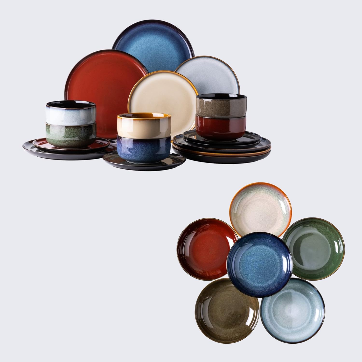 Ceramic Dinnerware Sets of 6,Poreclain Plates and Bowls Sets,Handmade Reactive Glaze Dishes Set,Chip Resistant and Scratch Resistant | Oven&Dishwasher & Microwave Safe)-Colorflu(124PCS)