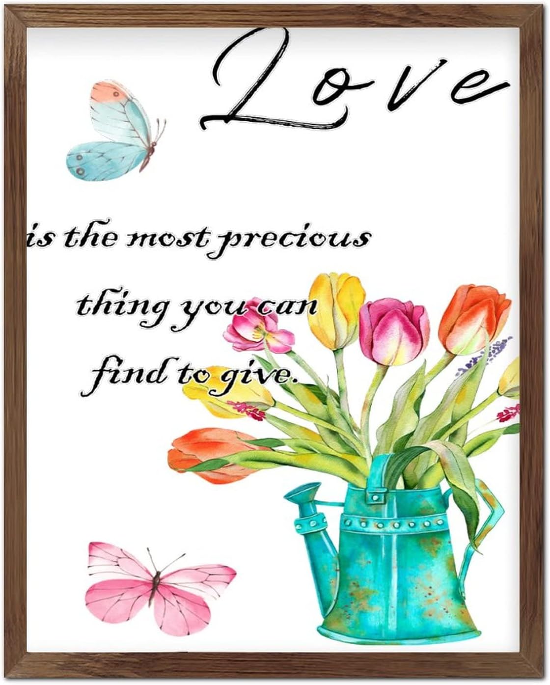 Love is The Most Precious Thing Framed Wood Sign Spring Tulip with Butterfly Wood Panels Farmhouse Hello Spring Flower Wall Art Hanging Farmhouse Decoration Plaque for Home Living Room 20x16inch