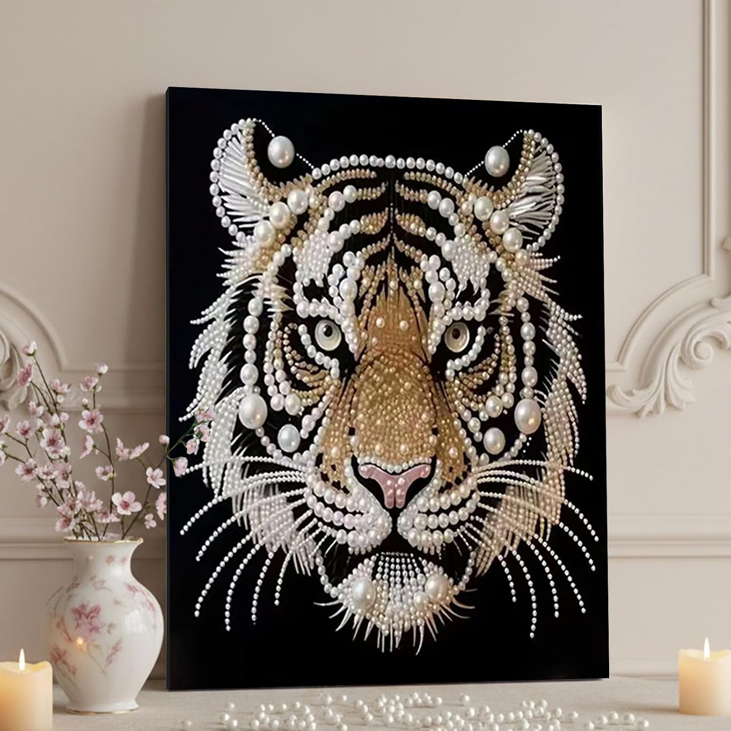 DIY Diamond Pearl Painting Kit for Adults, 3D Pearl Painting Craft with Wooden Frame 40x50cm, Beginner Friendly Home Wall Decor Art, Gift for Women Men Housewarming (Tiger)