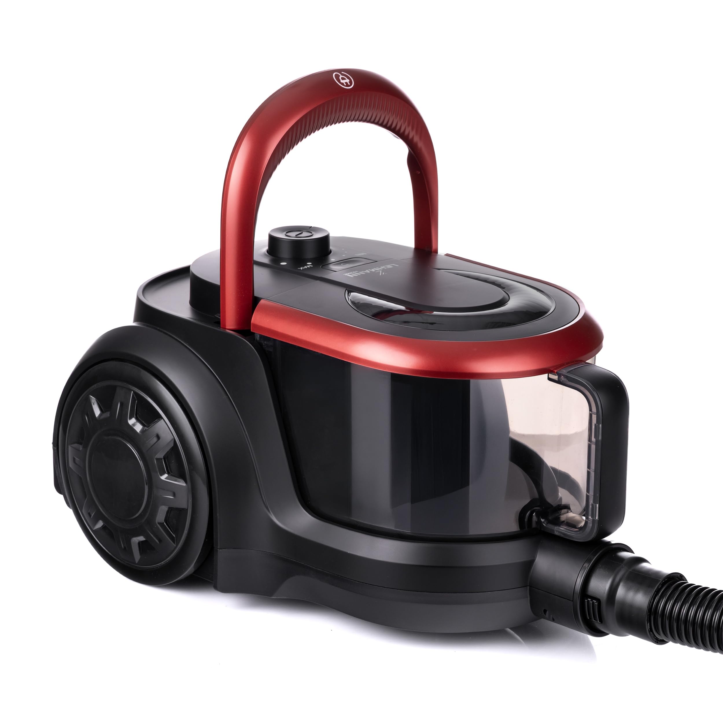 LEHMANN - Aspirador sin bolsa, tecnología ciclónica potente, doble filtro HEPA para alérgicos, capacidad 2,5 L, compacto, aspirador trineo para alfombras y suelos, juego de accesorios, negro/rojo