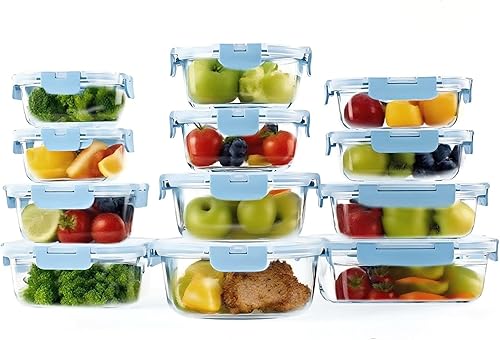 BYLWORKOUT - 24 recipientes de vidrio con tapas, a prueba de fugas, aptos para lavavajillas, para preparación de comidas o sobras (azul)