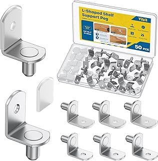 Vibit 50 Pcs L-Shaped Shelf Support Pegs, 6mm Cabinet Shelf Pins with Rubber Sleeves, Cabinet Shelf Pegs with Hole, Nickel Plated Metal Shelf Brackets, Shelf Holders for Glass Kitchen Closet Bookcase