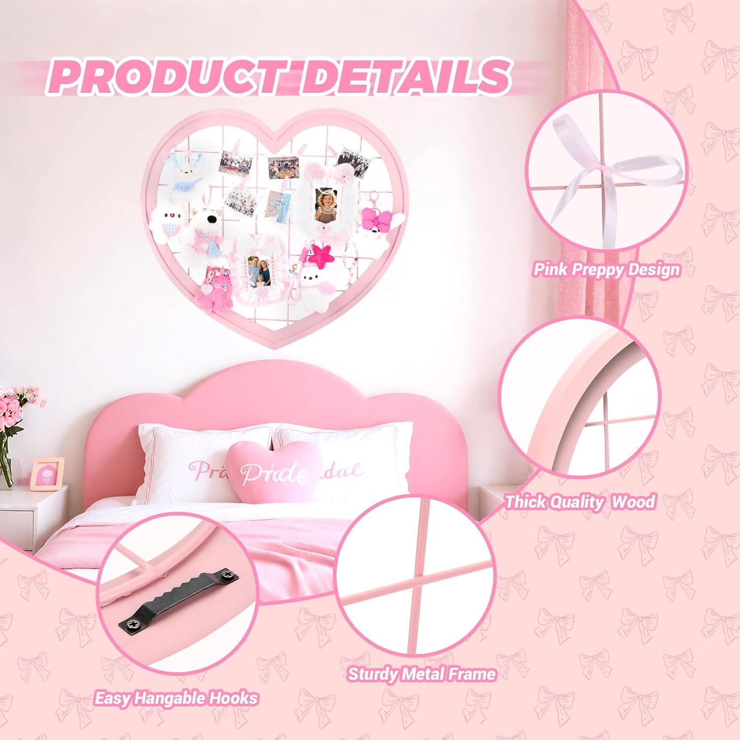 Pink Preppy Coquette Room Decor, Heart Shape Wire Wall Grid Panel for Photo Display Board and Wall Storage Organizer, Wall Decor for Teen Girls and Women Home Bedroom Living Room and Dorm image 4