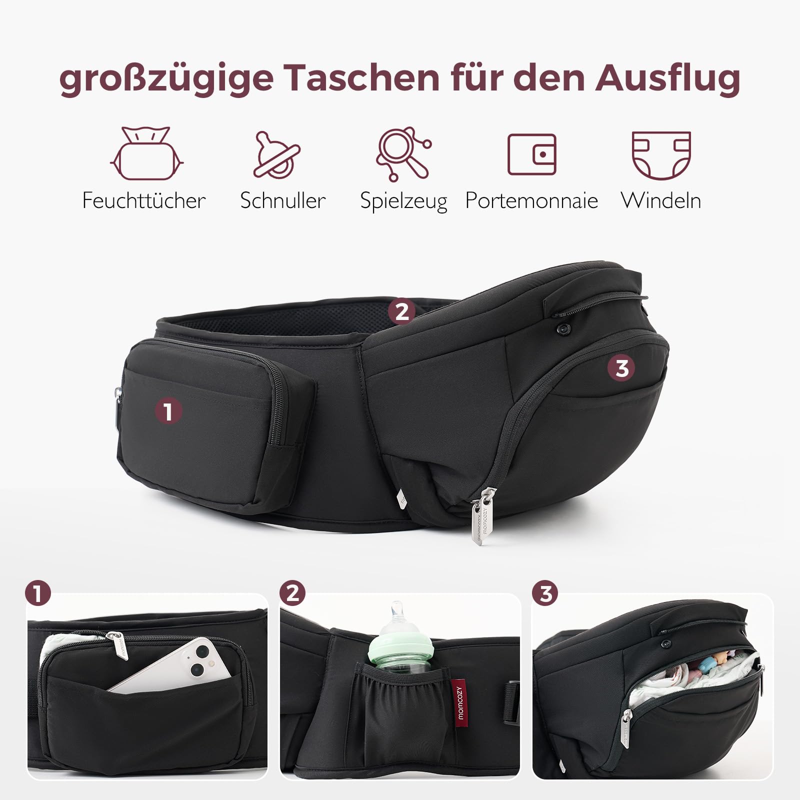 Momcozy Babytrage mit Hüftkissen, 2-in-1 Verstellbare & Abnehmbare Hüfttrage bis 20kg, Atmungsaktive Tragehilfe mit Lendenstütze für Eltern, Leichte Babytrage für Neugeborene, Schwarz
