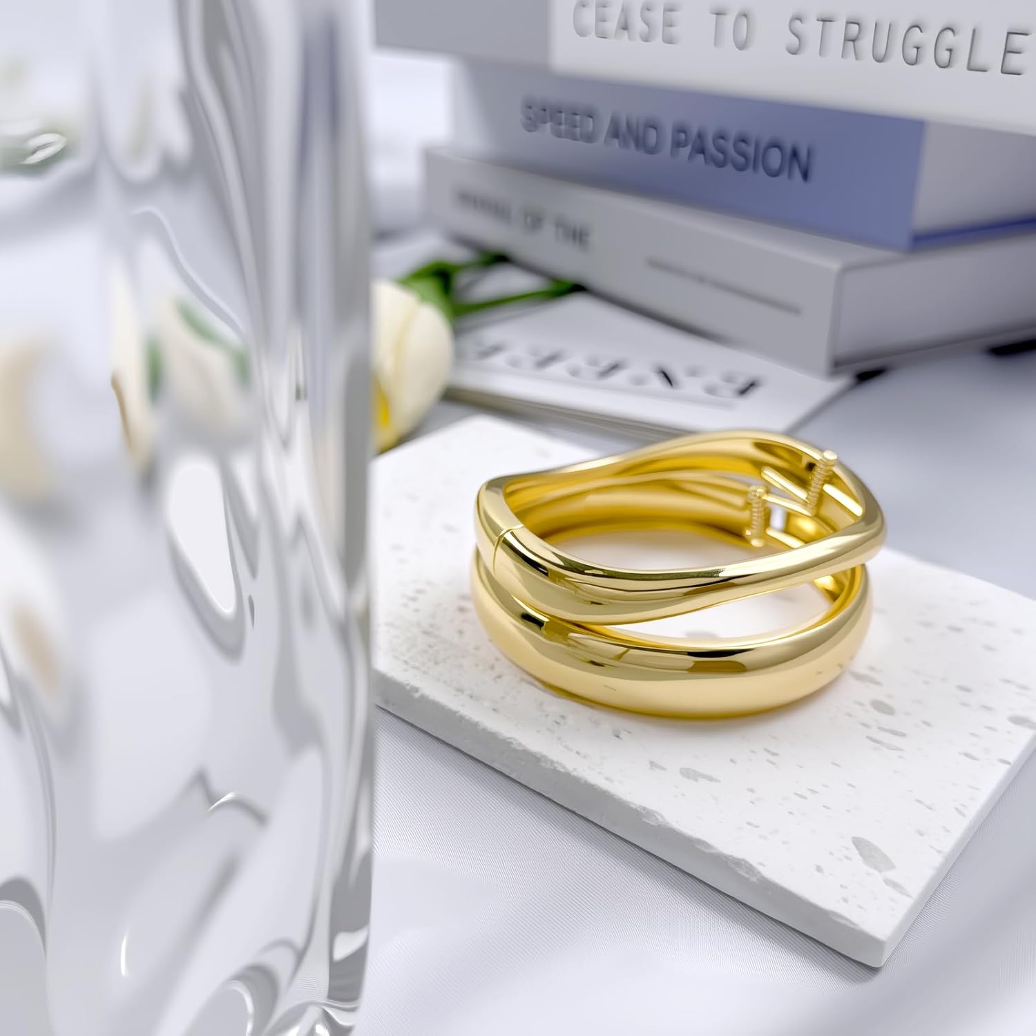 Chunky Gold Cuff Bangles for Women Wide Hinged Bangle Bracelets Statement Thick Cuff Bracelet Stack Chunky 14K Gold Plated Bangle Set - Image 3