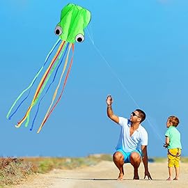Hengda kite-Pack 3 Convention Colors-Beautiful Large Easy Flyer Kite for Kids-Software Octopus-It\'s Big! 31 Inches Wide with Long Tail 157 Inches Long-Perfect for Beach or Park