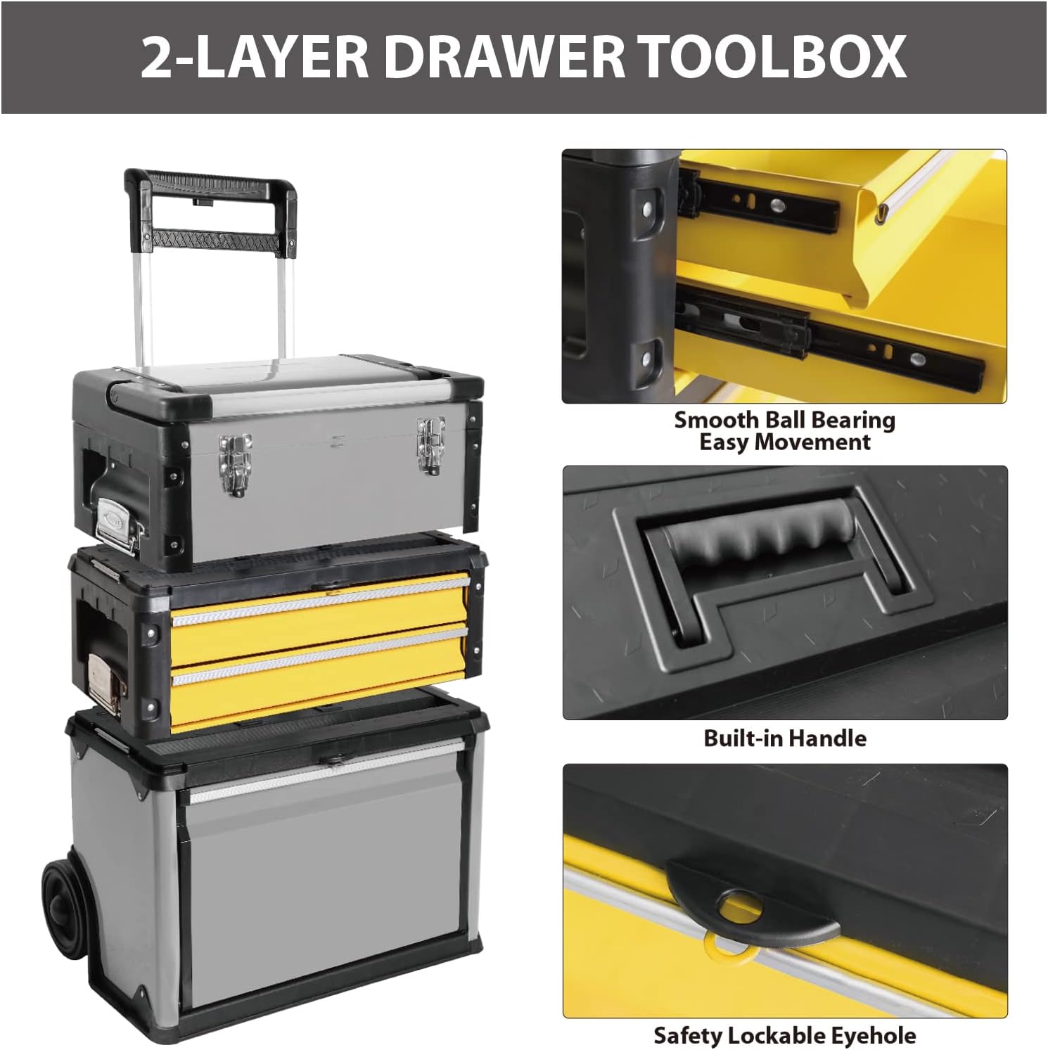 BIG RED Stackable Portable Metal Tool box Organizer with Wheels and 2 Drawers, Rolling Upright Trolley Tool Chest for Garage or Workshop,Yellow,ATRJF-C305ABDYR