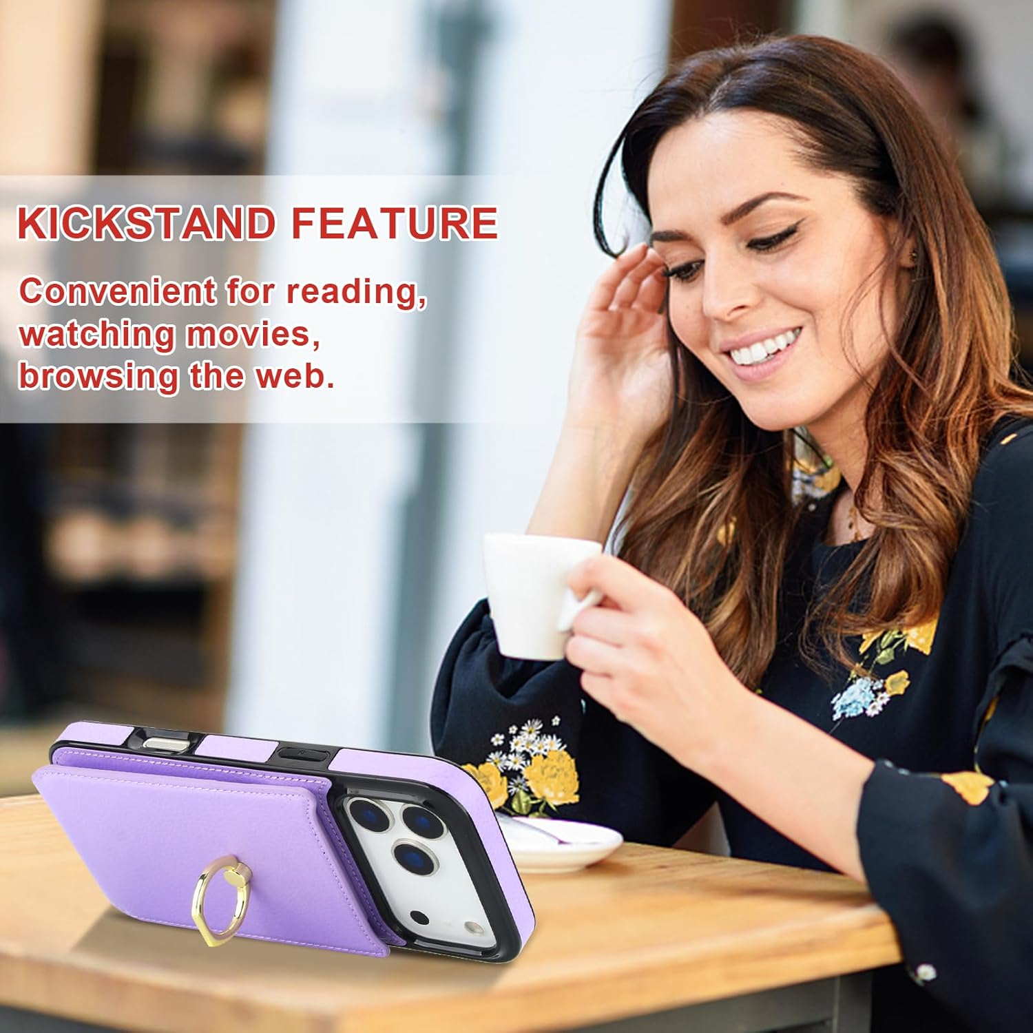 Folosu Compatible with iPhone 17 Pro Max Case Wallet with Card Holder, 360°Rotation Finger Ring Holder Kickstand, RFID Blocking Leather Protective Double Buttons Shockproof Cover 6.9 Inch Purple - Image 6