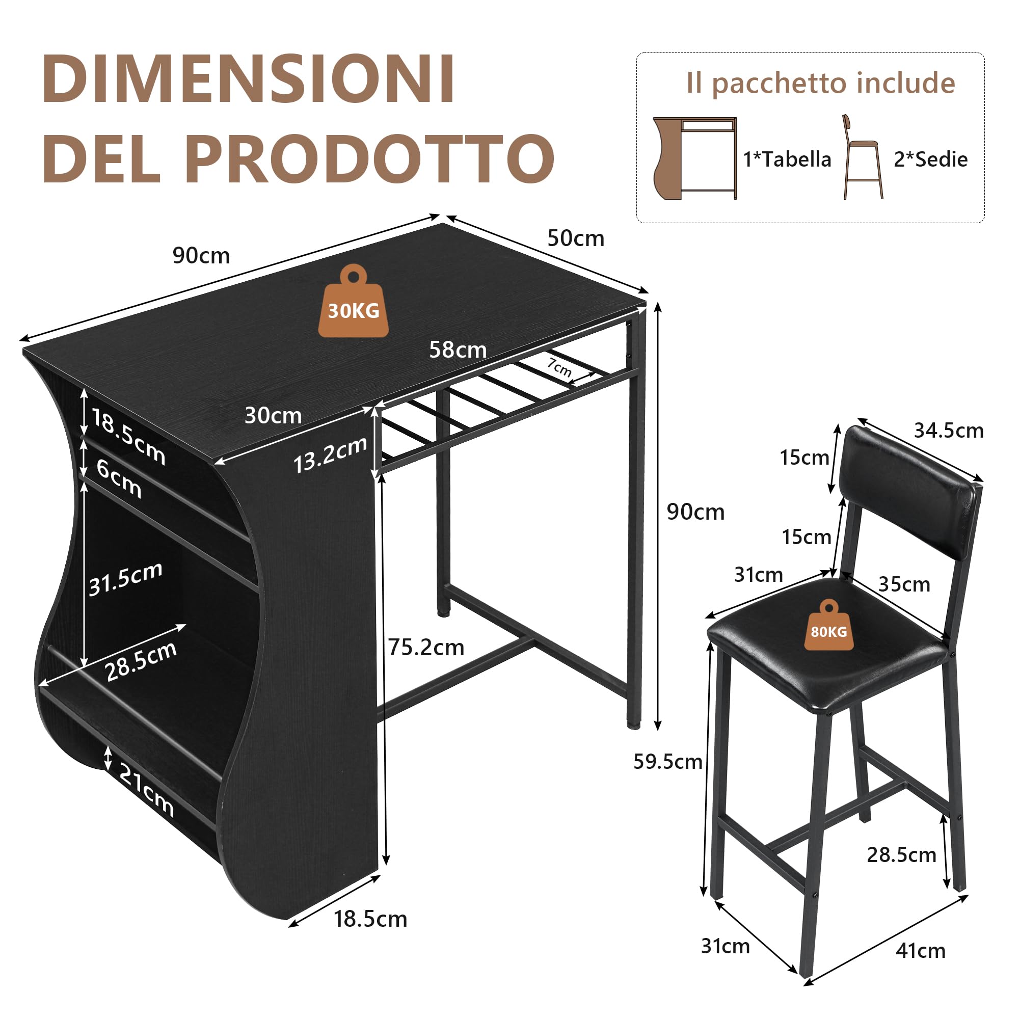 FEONASE Set da 3 pezzi con tavolo da bar e sgabelli con 2 ripiani portaoggetti e portabottiglie per vino, set da cucina Moden con tavolo da pranzo piccolo e sedie, per piccoli spazi, struttura in
