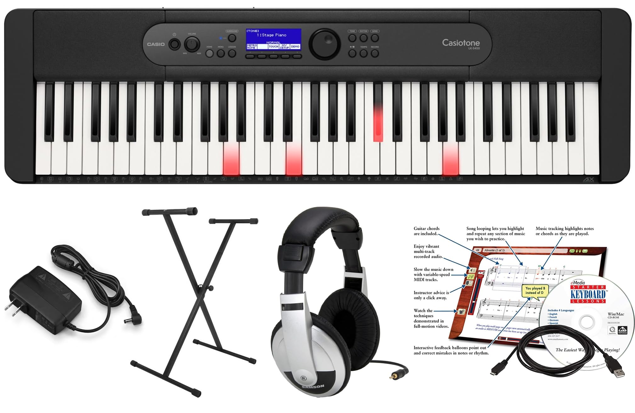 Casio LK-S450 - Pacchetto educativo con supporto e software di istruzione eMedia, adattatore CA e cuffie