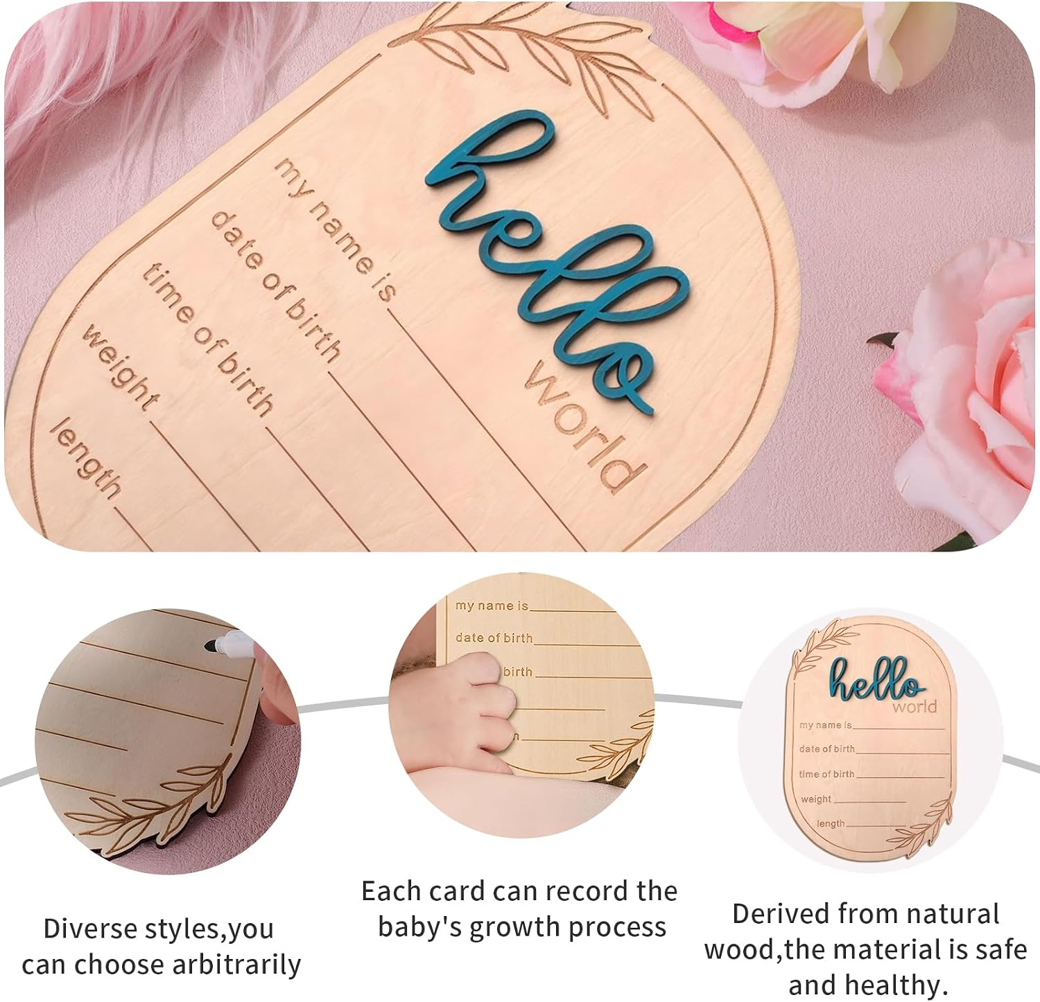 Baby Announcement Sign, 5.91x4.13 Inch Hello World Newborn Sign, Baby Announcement, Hello World Plaque, Newborn Name for Hospital, Ear of Wheat Personalized Name Plaque (Blue) image 4