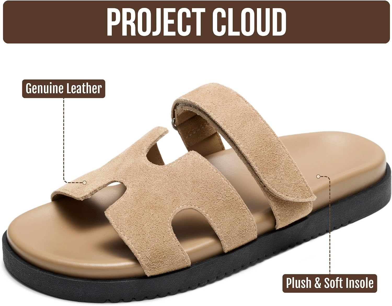Project Cloud 100% Genuine Leather Sandals for Women Footwear - Stylish Womens Sandals with Plush & Soft Insole - Non-Slip and Water-Resistant Beach Sandals Slides for Women (Mayvy)
